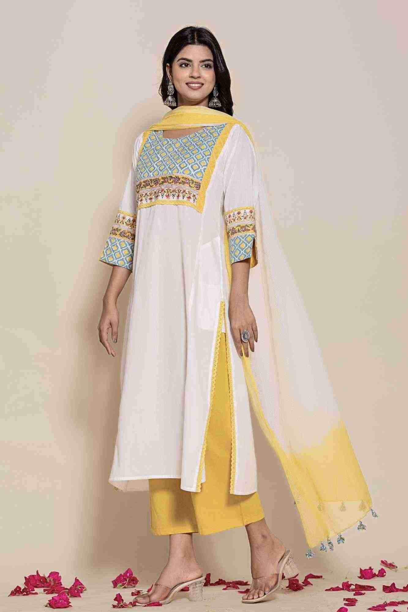 Naksh White Cotton Kurta Pants And Shaded Dupatta