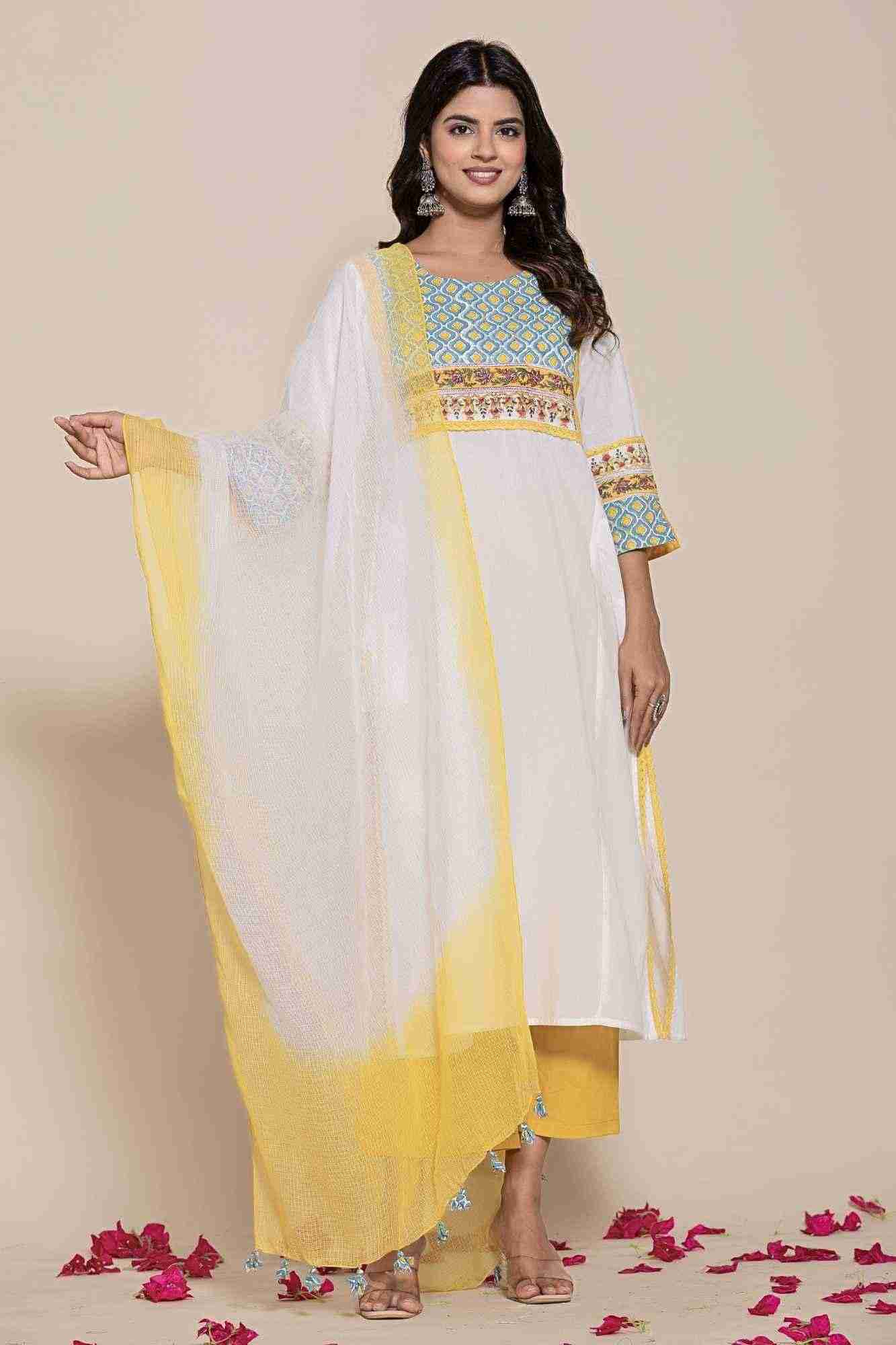Naksh White Cotton Kurta Pants And Shaded Dupatta