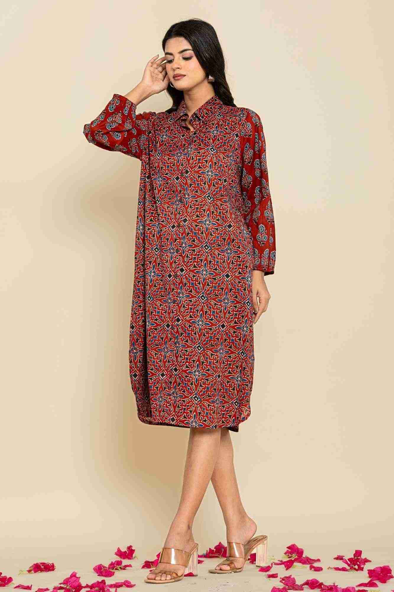Rust Blue Shirt Style Kurta-Dress