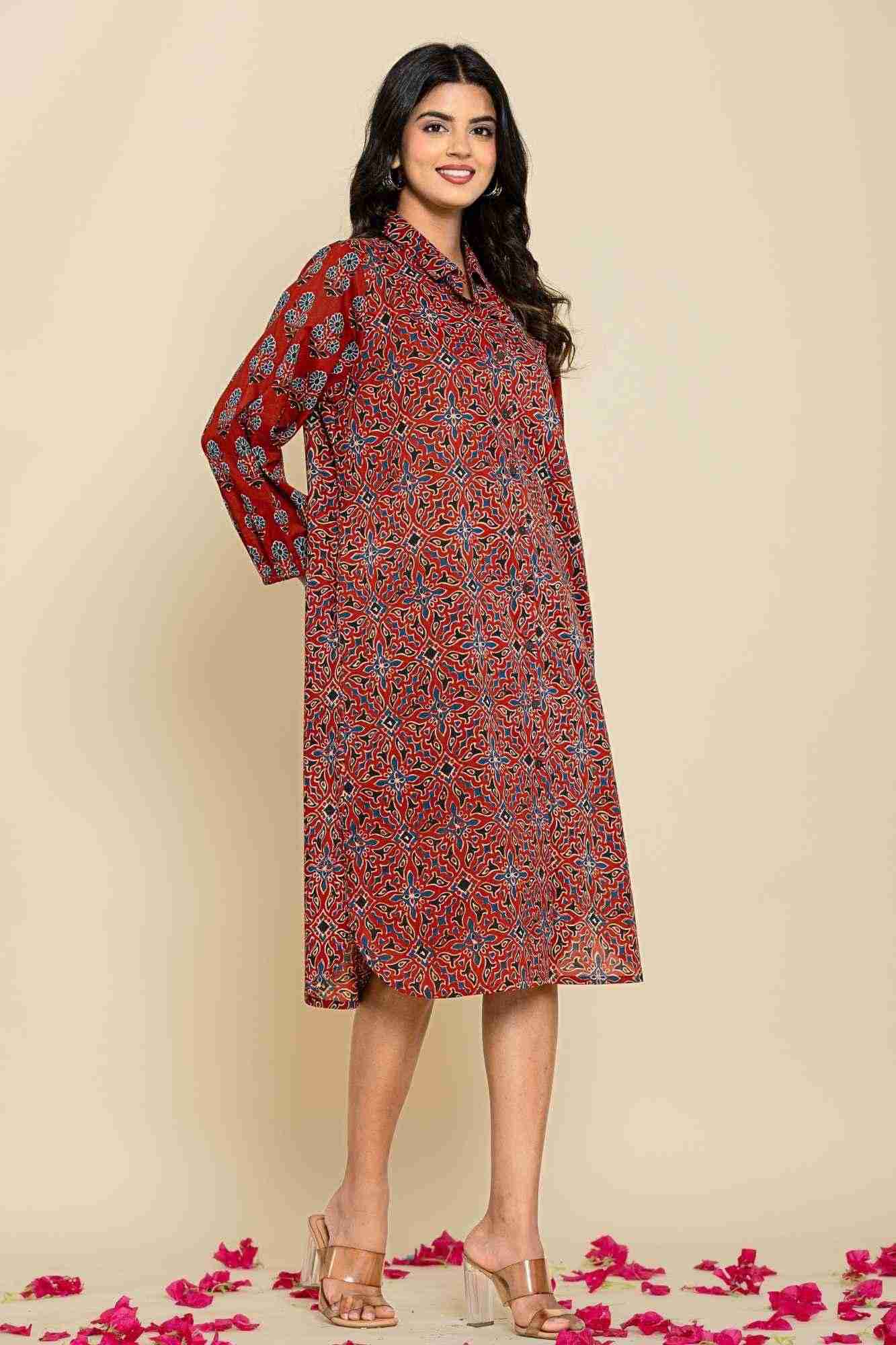 Rust Blue Shirt Style Kurta-Dress