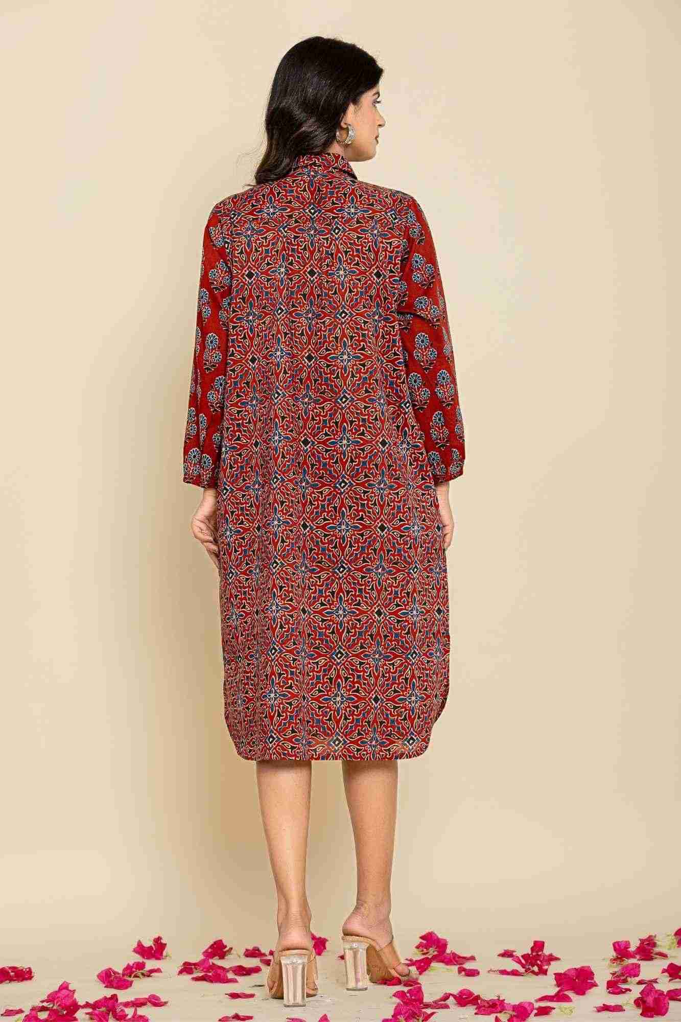 Rust Blue Shirt Style Kurta-Dress