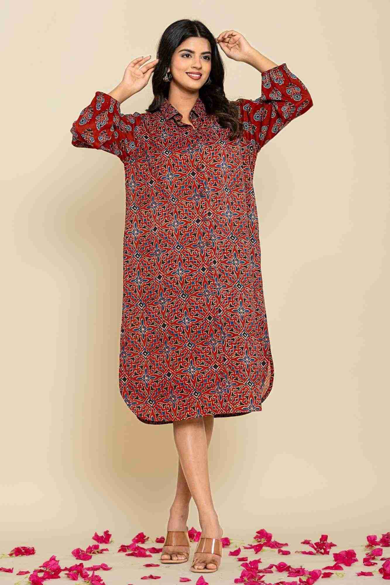 Rust Blue Shirt Style Kurta-Dress