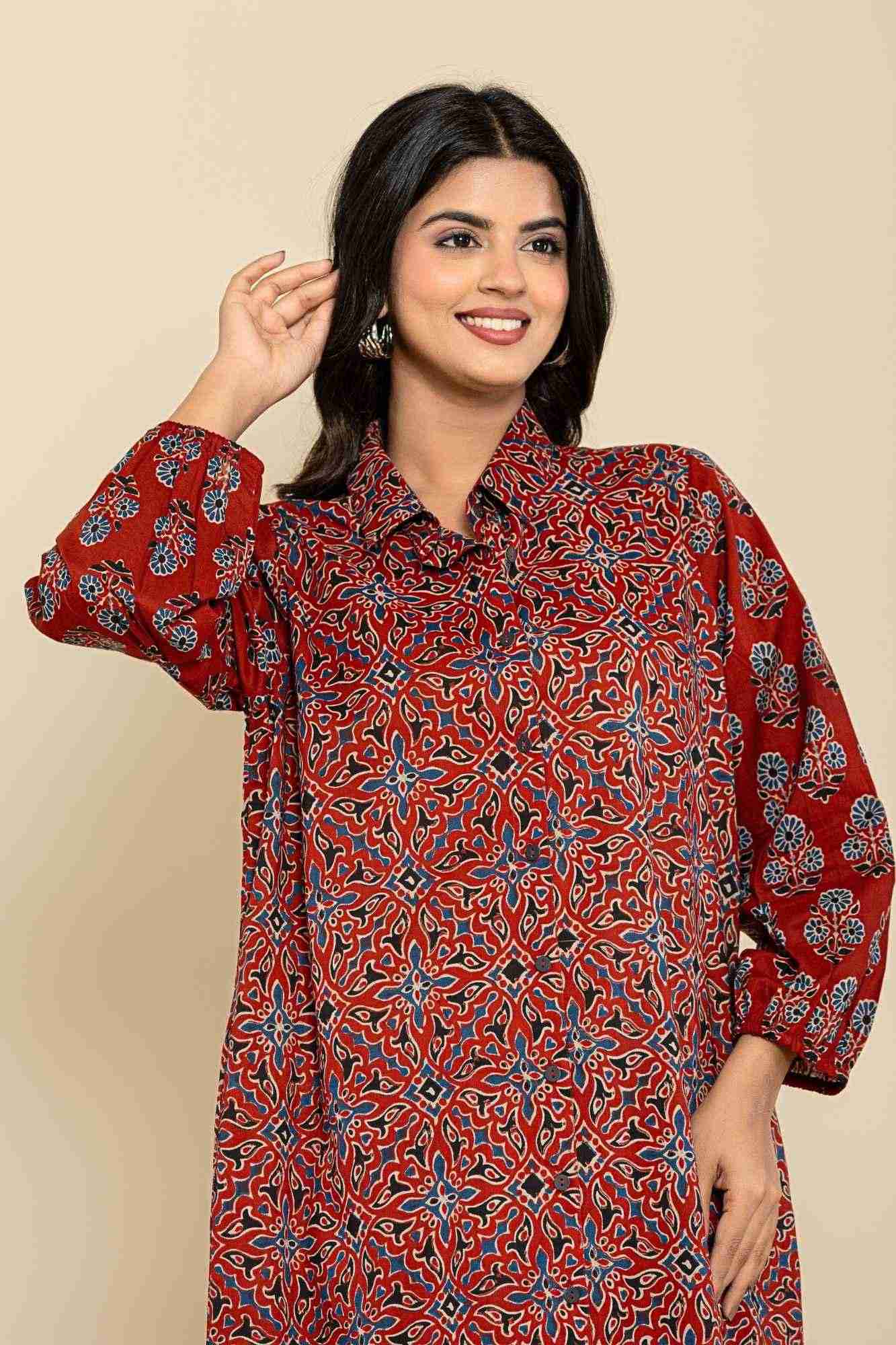 Rust Blue Shirt Style Kurta-Dress
