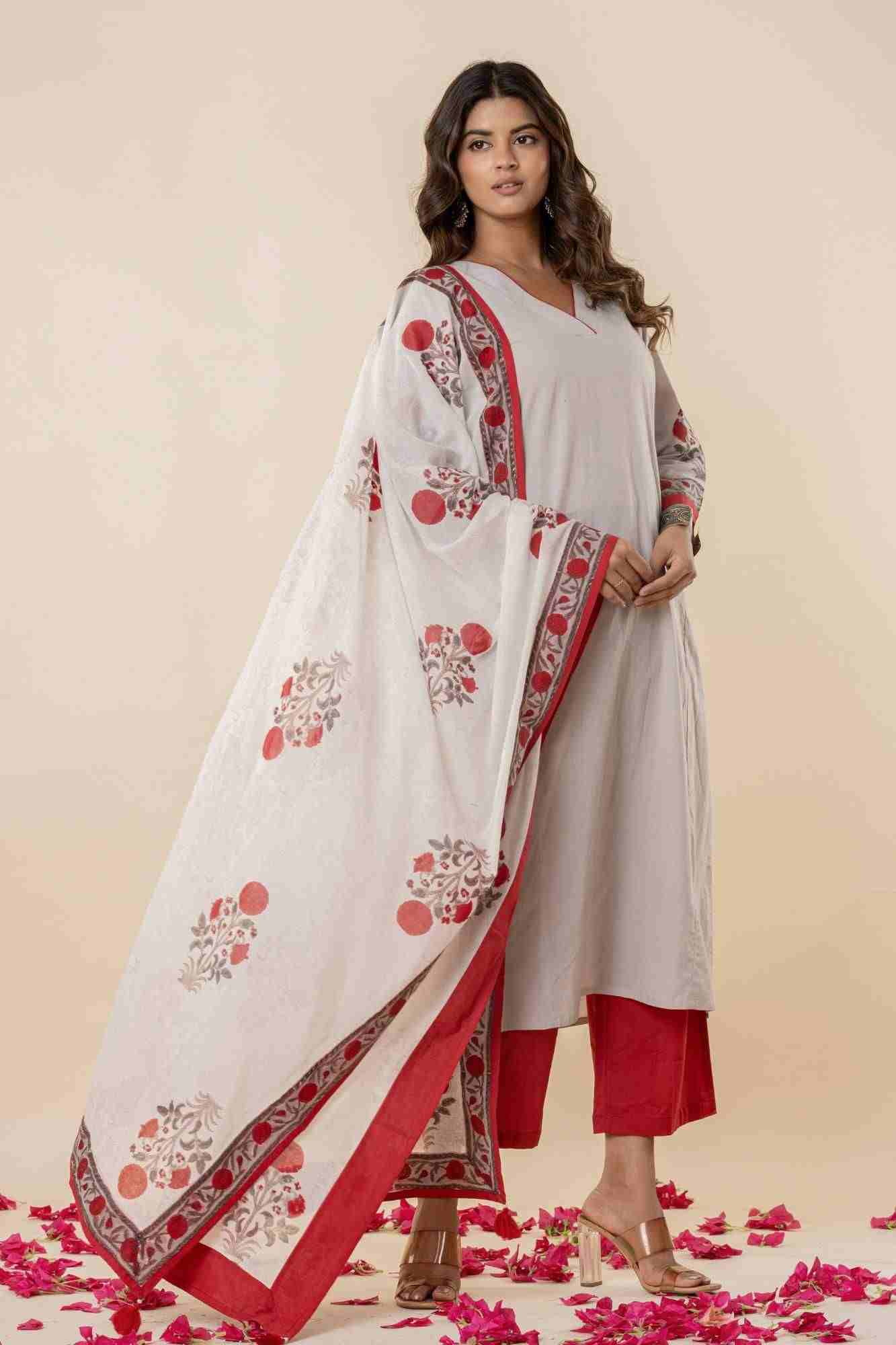 Light Grey Cotton Straight Kurta Set with Red Pants & Printed Dupatta (Set of 3)