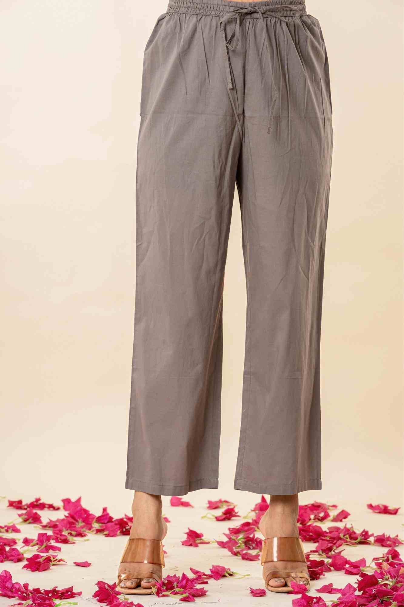 Naksh Light Grey Mulmul Gathered Kurta Pants Set