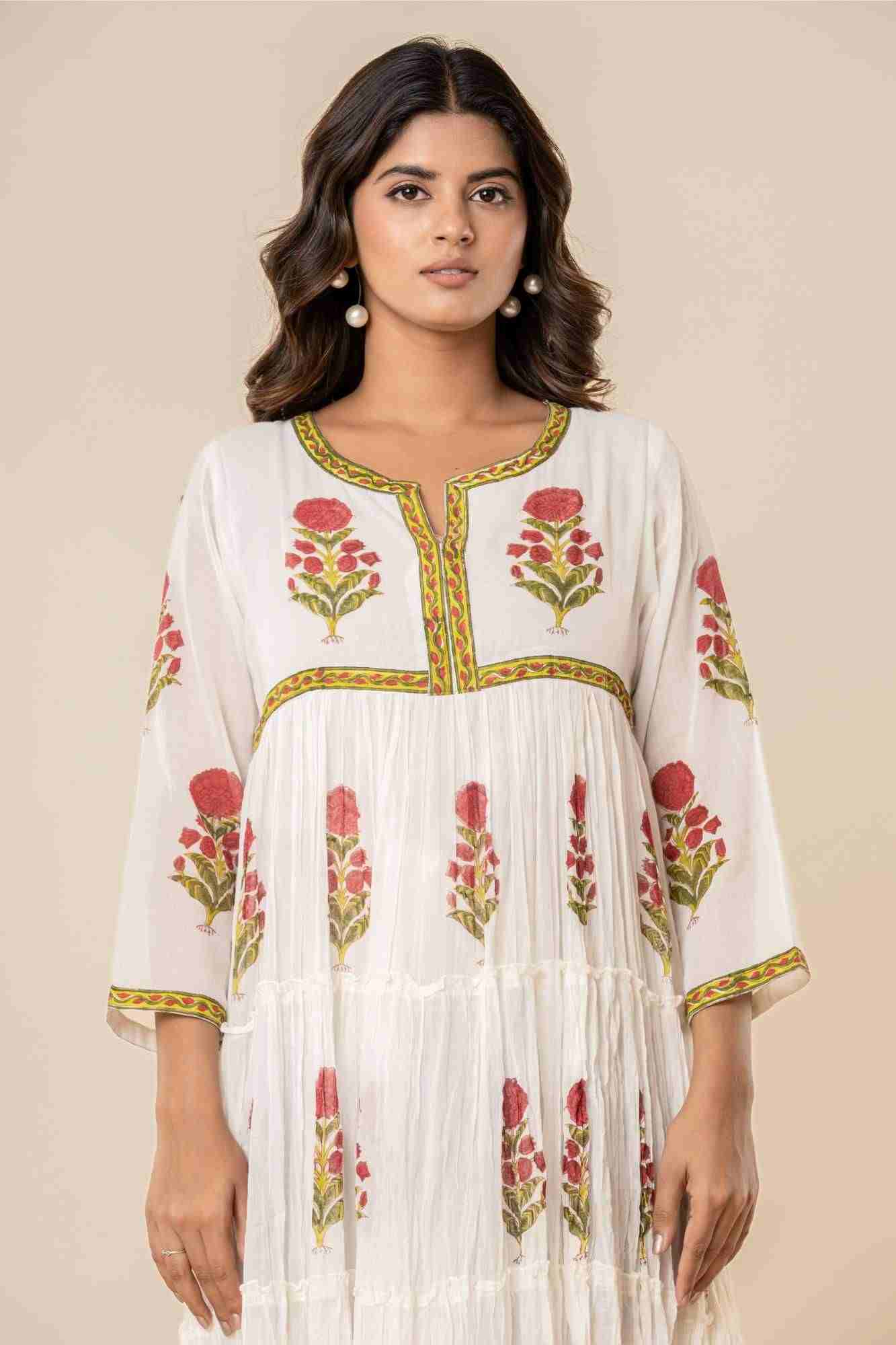 White Floral Block Print Mul Mul Tiered Kurta