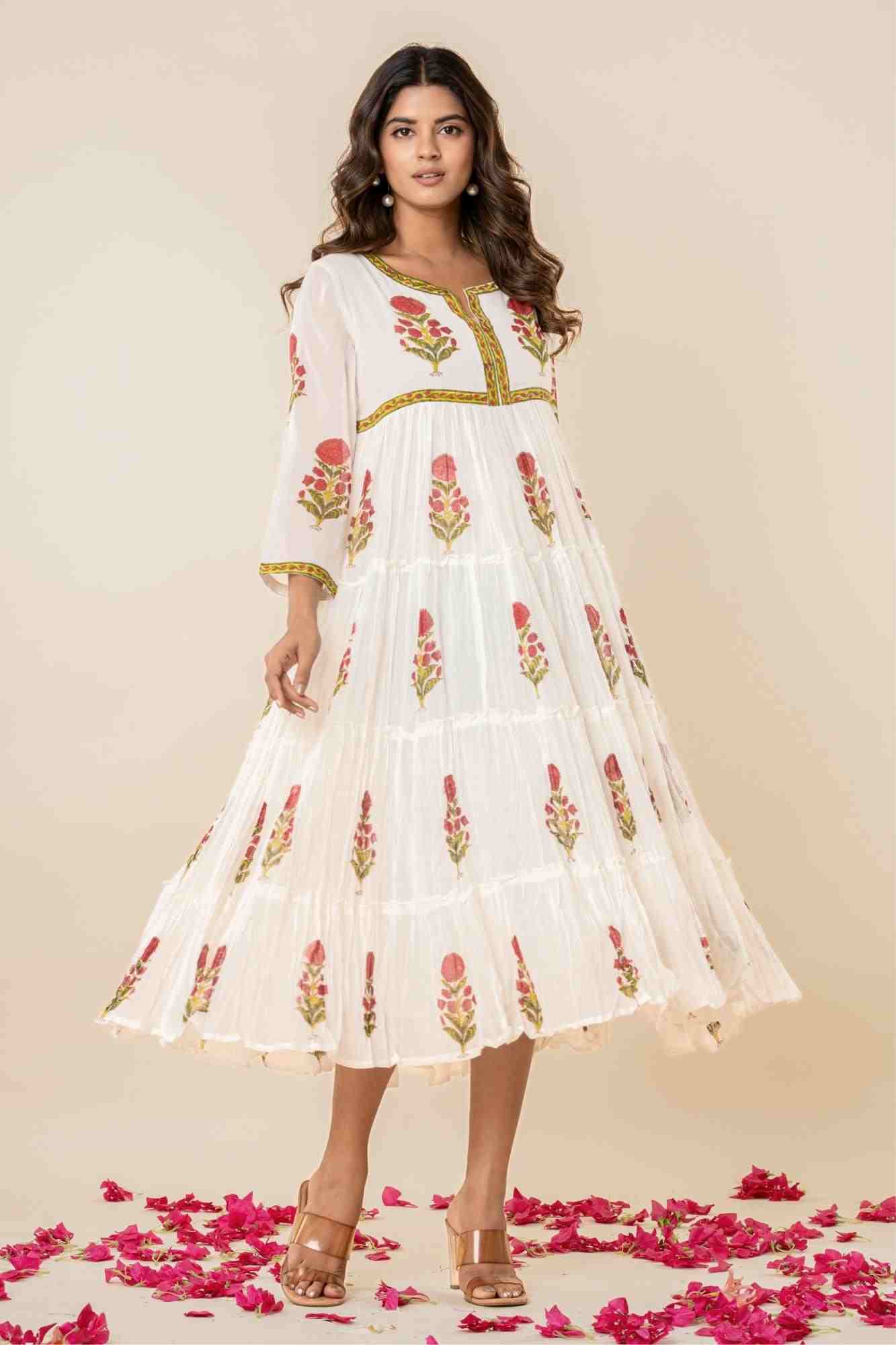 White Floral Block Print Mul Mul Tiered Kurta
