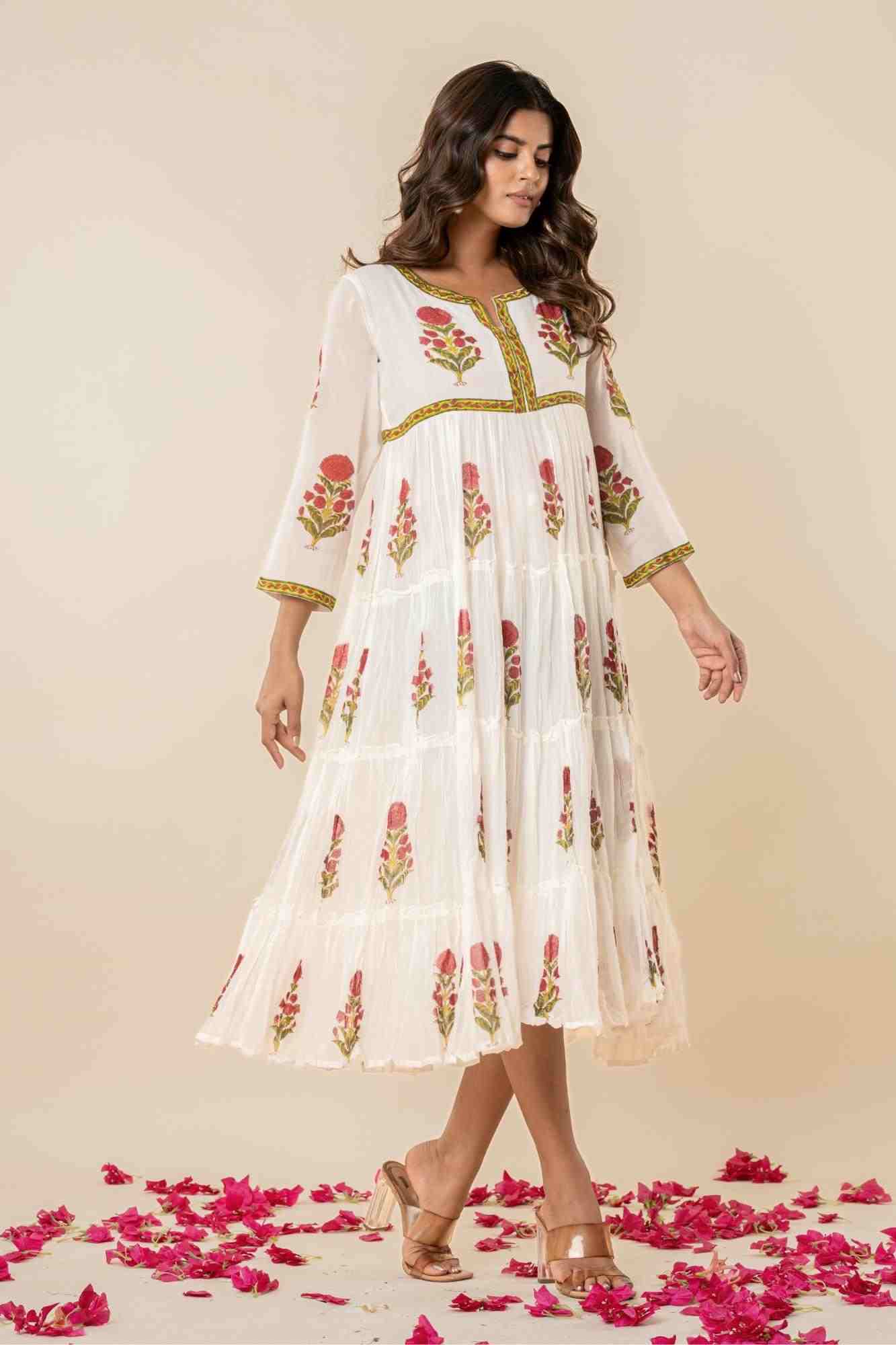 White Floral Block Print Mul Mul Tiered Kurta