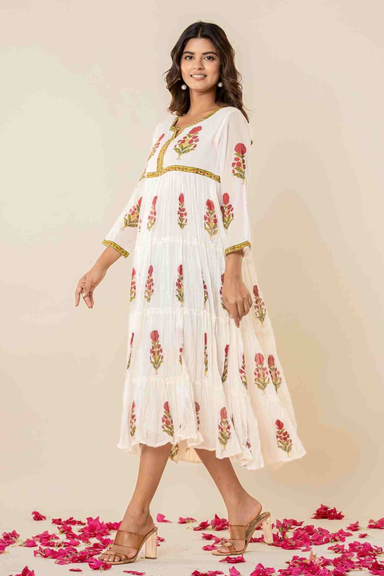 White Floral Block Print Mul Mul Tiered Kurta