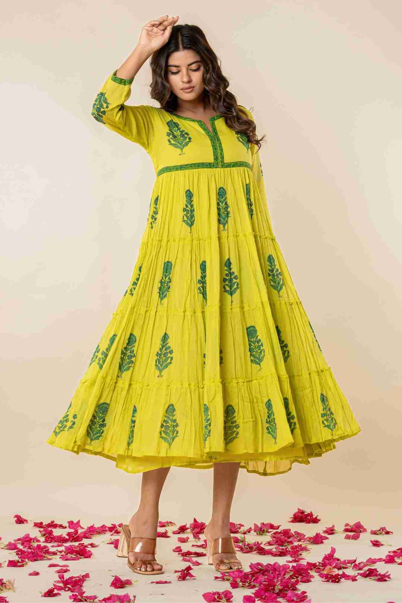 Bright Lime Green Mulmul Tiered Kurta