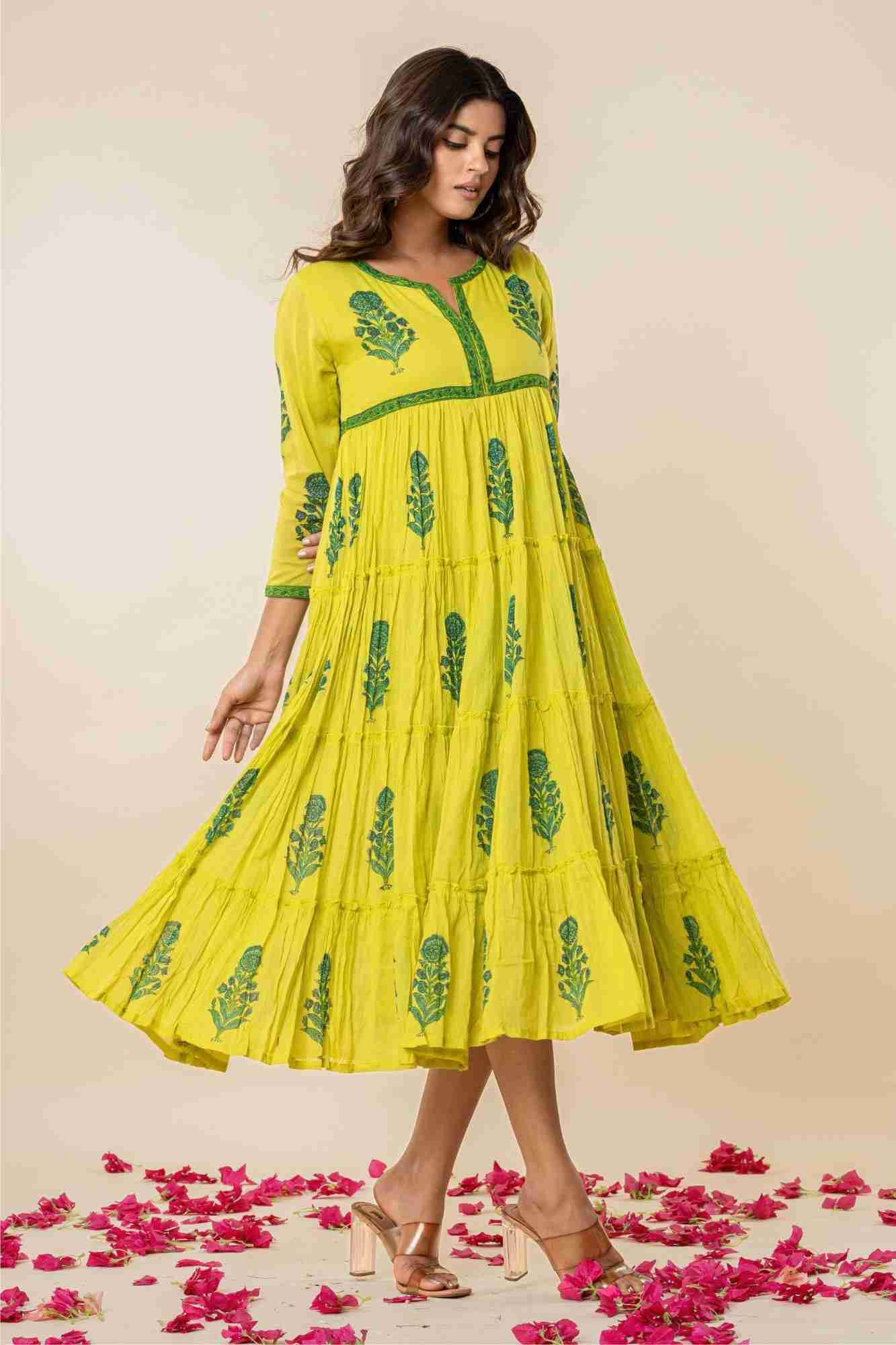 Bright Lime Green Mulmul Tiered Kurta