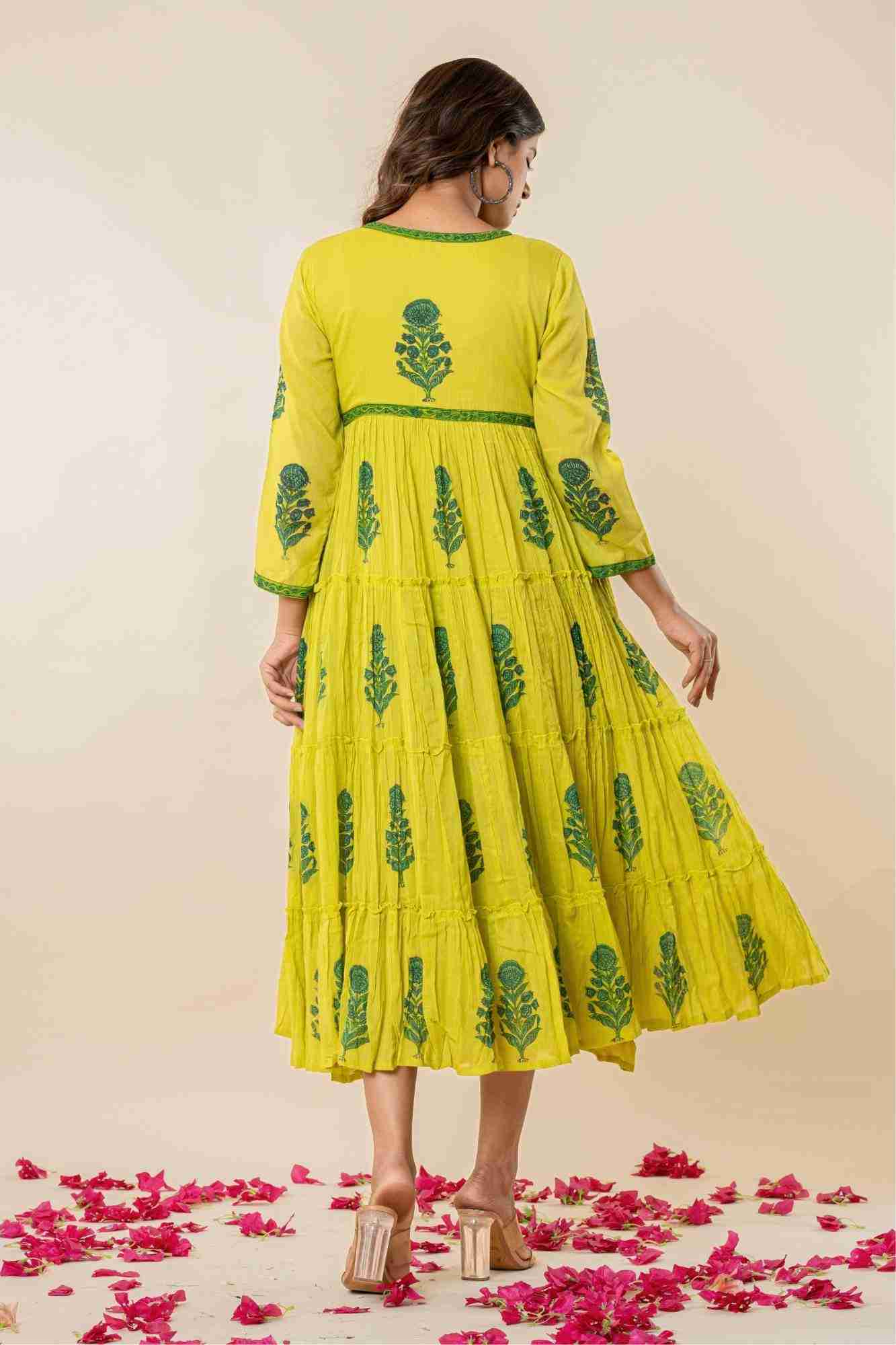 Bright Lime Green Mulmul Tiered Kurta