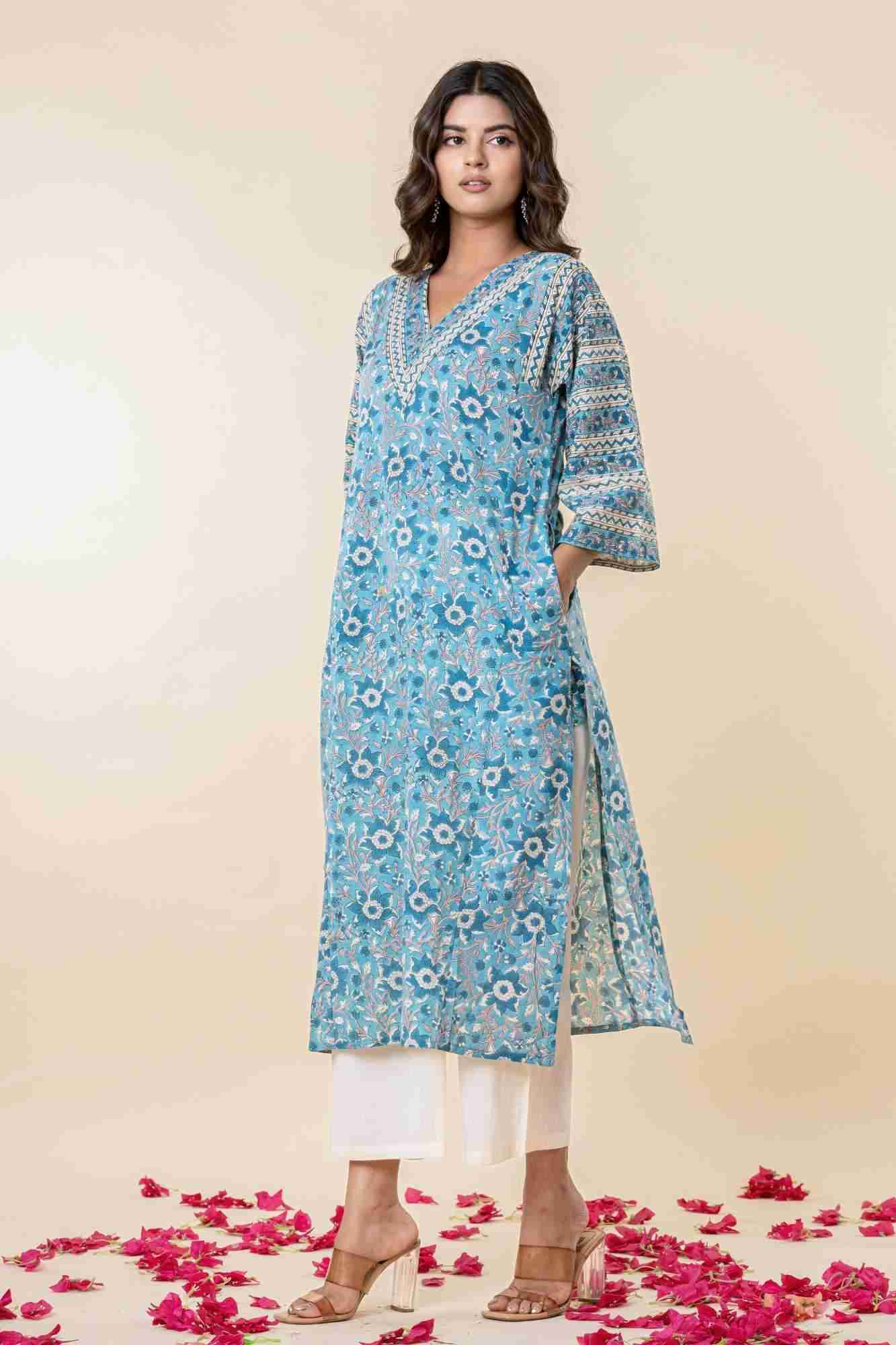 Blue Floral Block Print Mul Mul Kurta with Pants