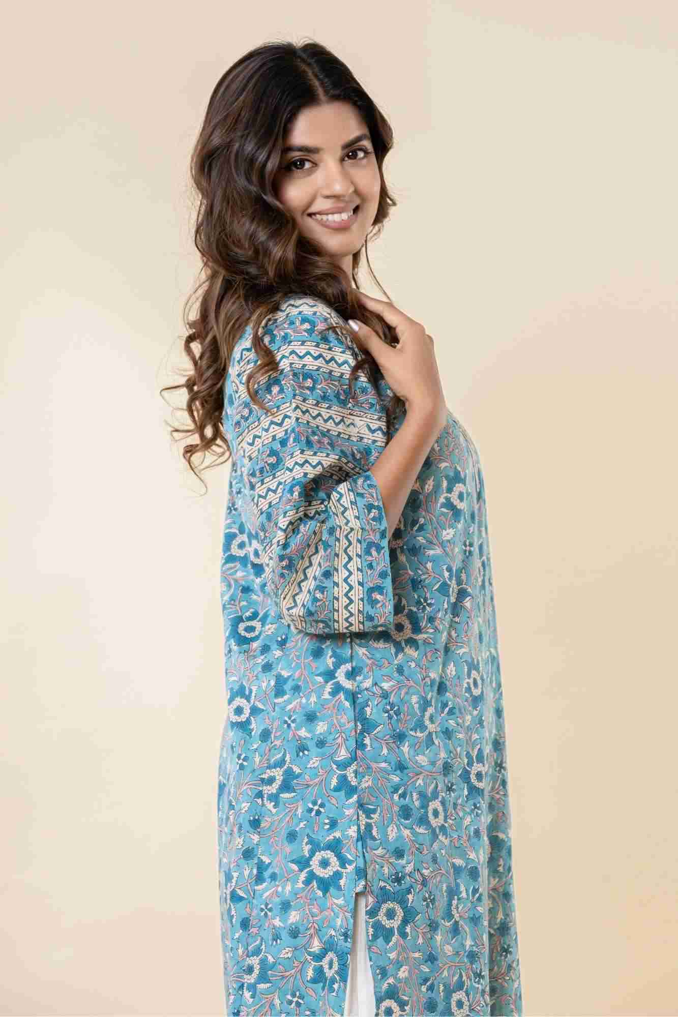 Blue Floral Block Print Mul Mul Kurta with Pants