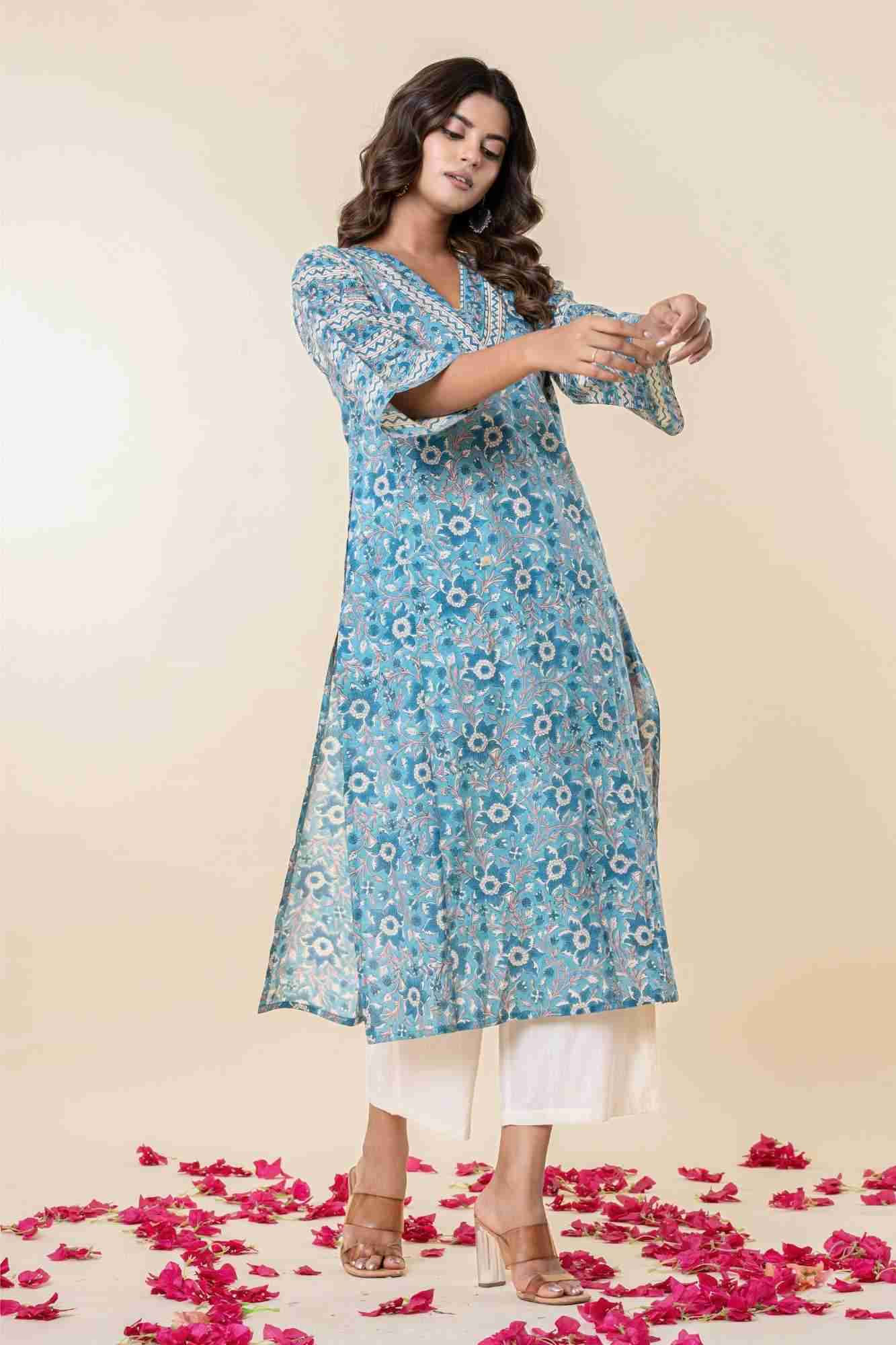 Blue Floral Block Print Mul Mul Kurta with Pants