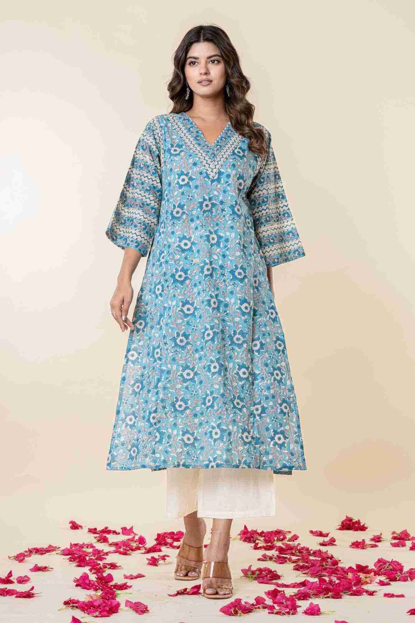 Blue Floral Block Print Mul Mul Kurta with Pants