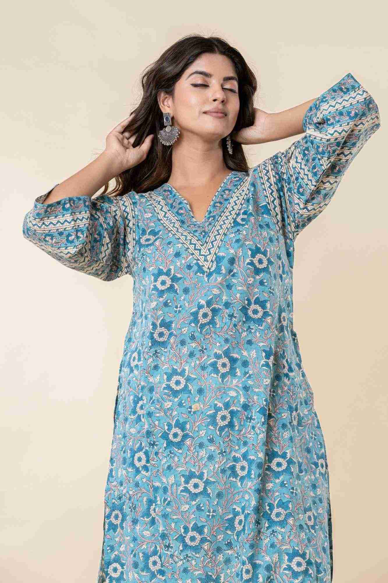 Blue Floral Block Print Mul Mul Kurta with Pants