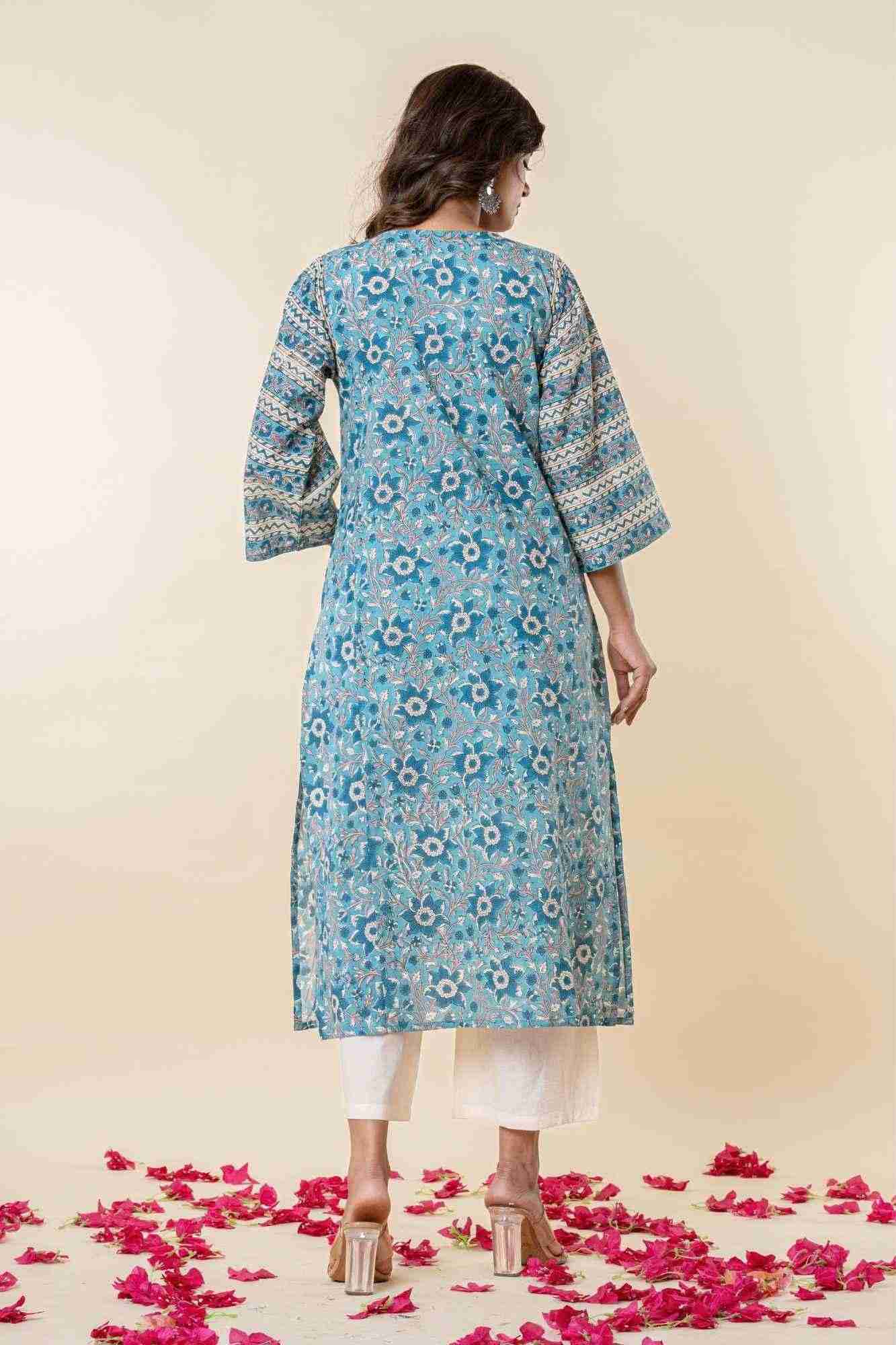 Blue Floral Block Print Mul Mul Kurta with Pants