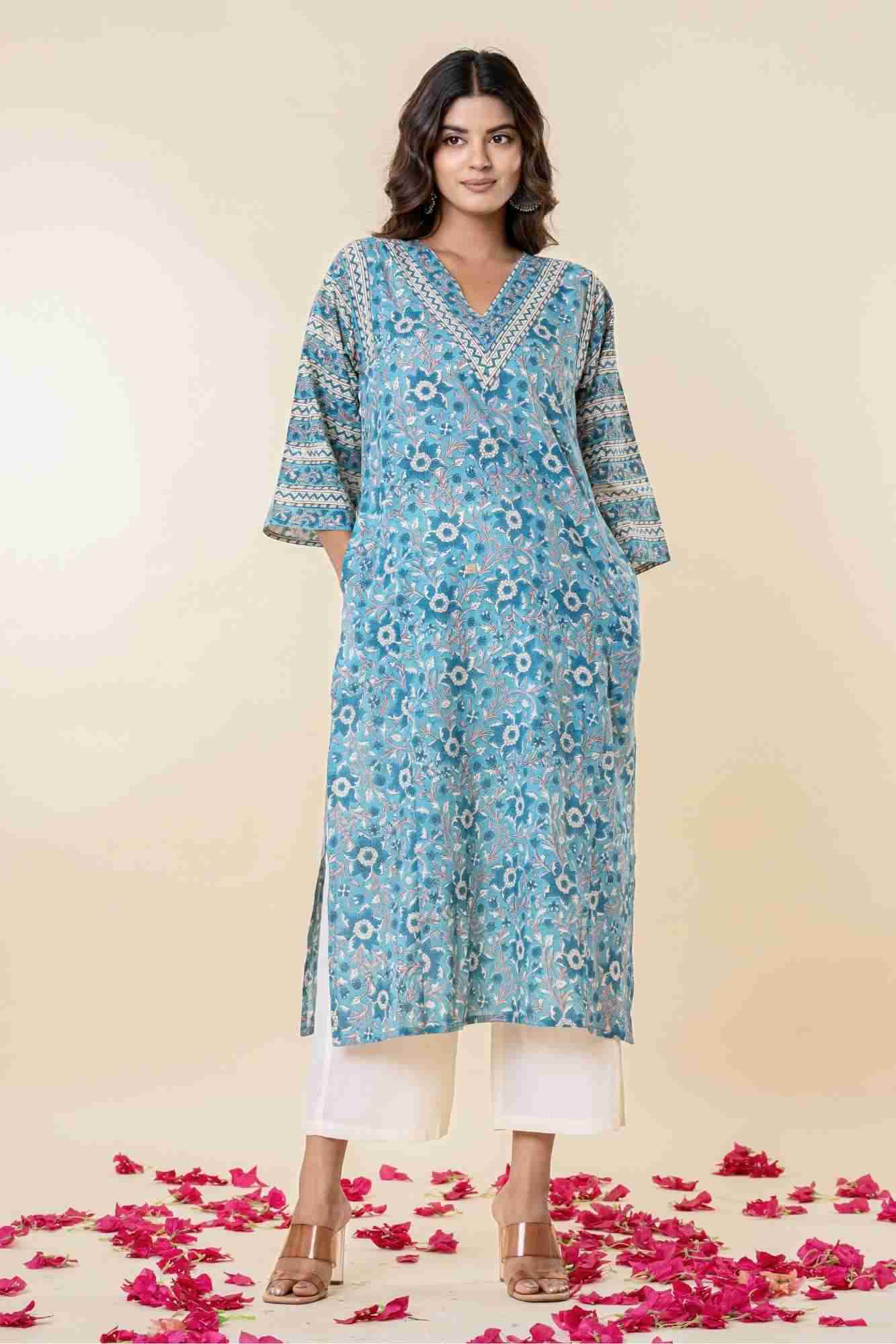 Blue Floral Block Print Mul Mul Kurta with Pants