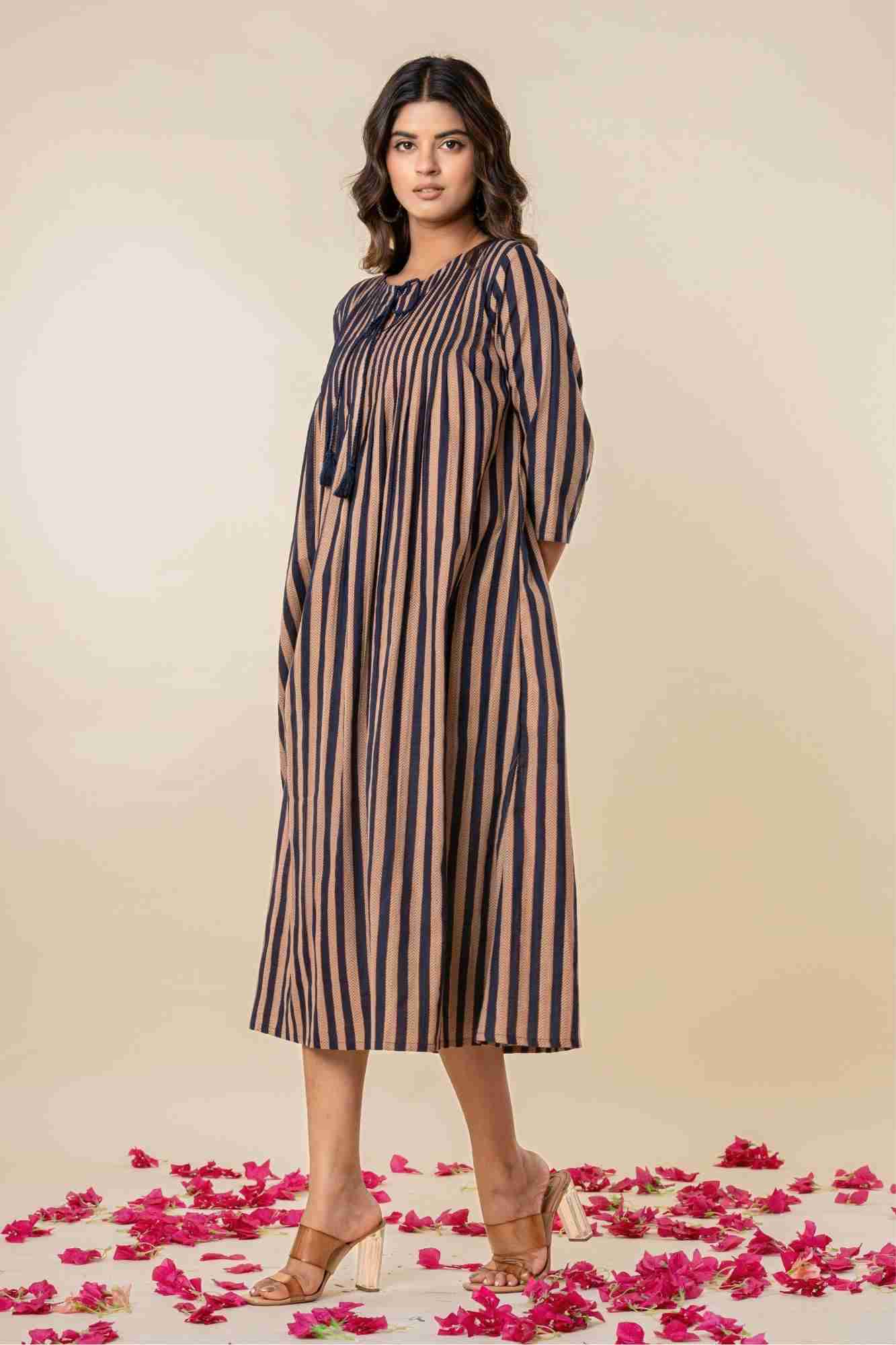 Striped A-Line Cotton Kurta with Tassel Tie-Up