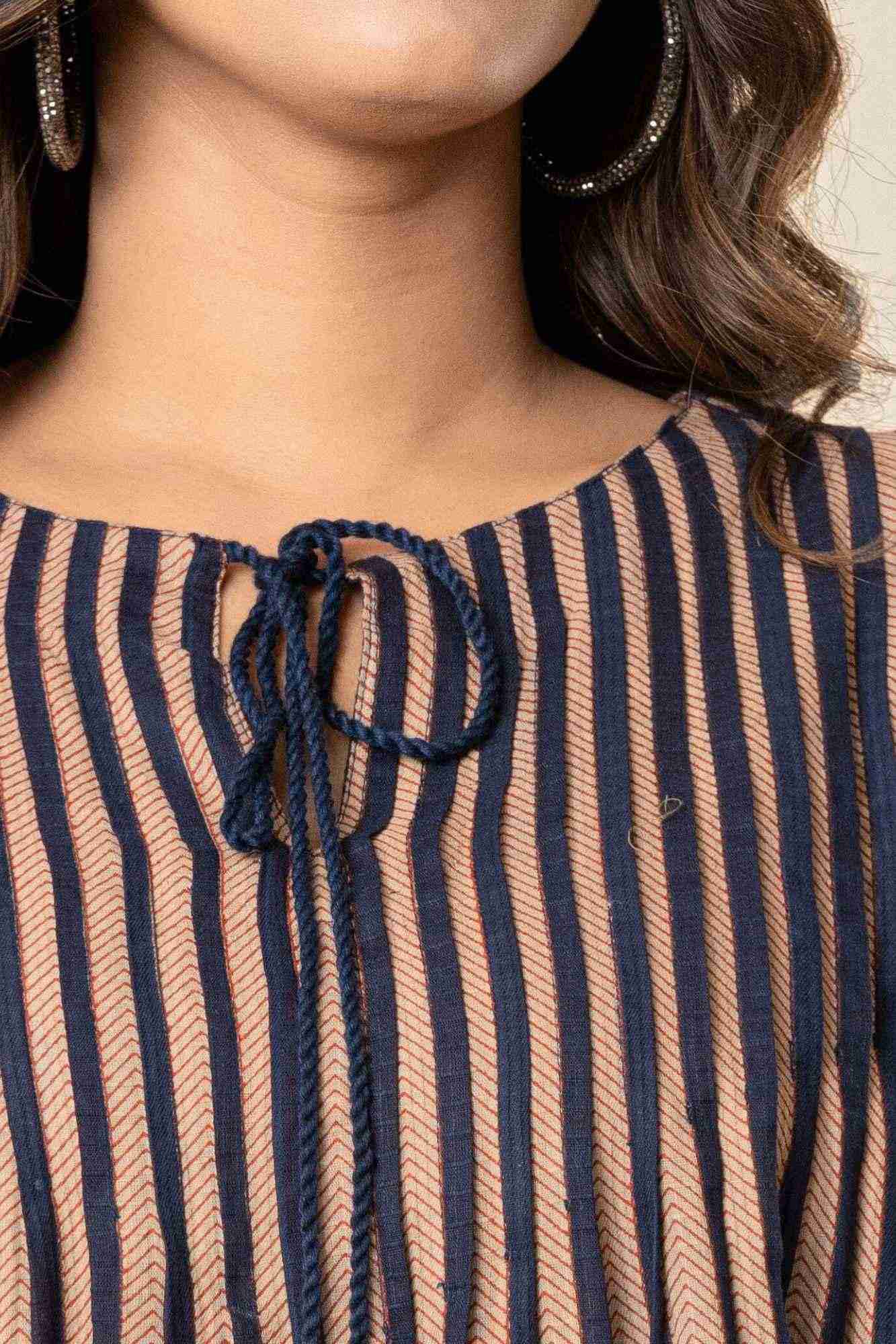 Striped A-Line Cotton Kurta with Tassel Tie-Up