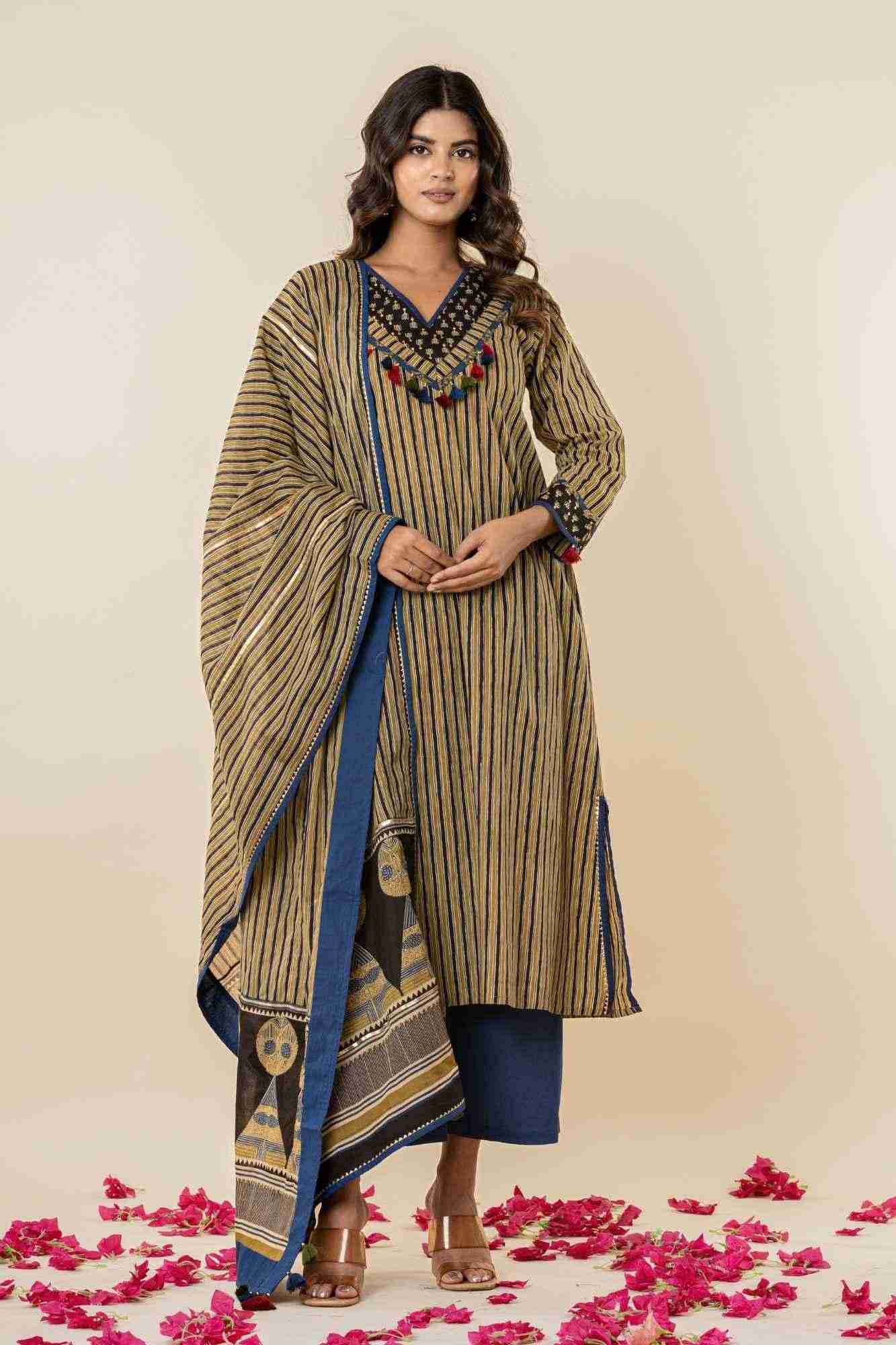 Naksh Ajrakh Printed Striped A-Line Kurti Pant Set with Dupatta (Set of 3)