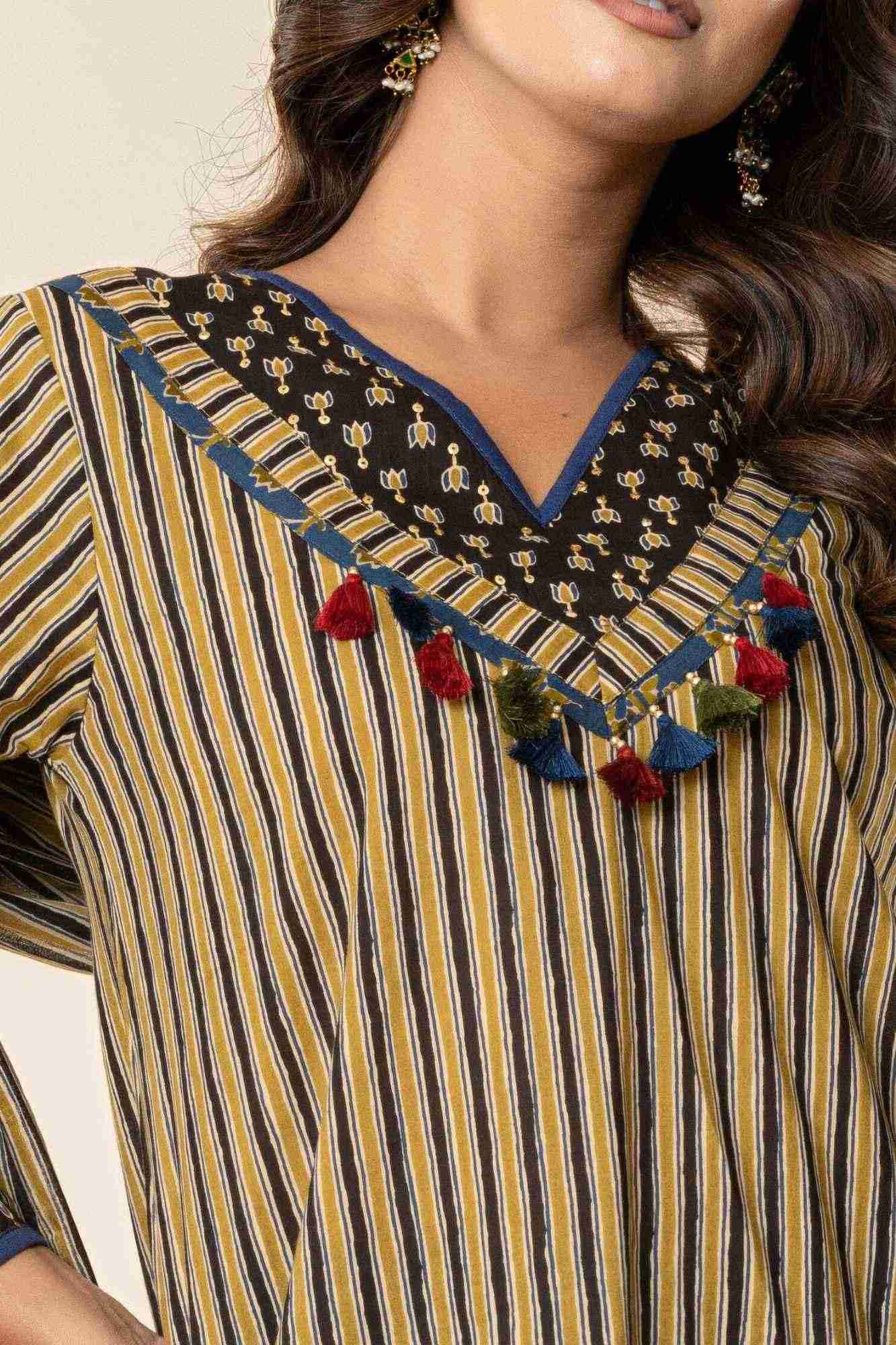 Naksh Ajrakh Printed Striped A-Line Kurti Pant Set with Dupatta (Set of 3)