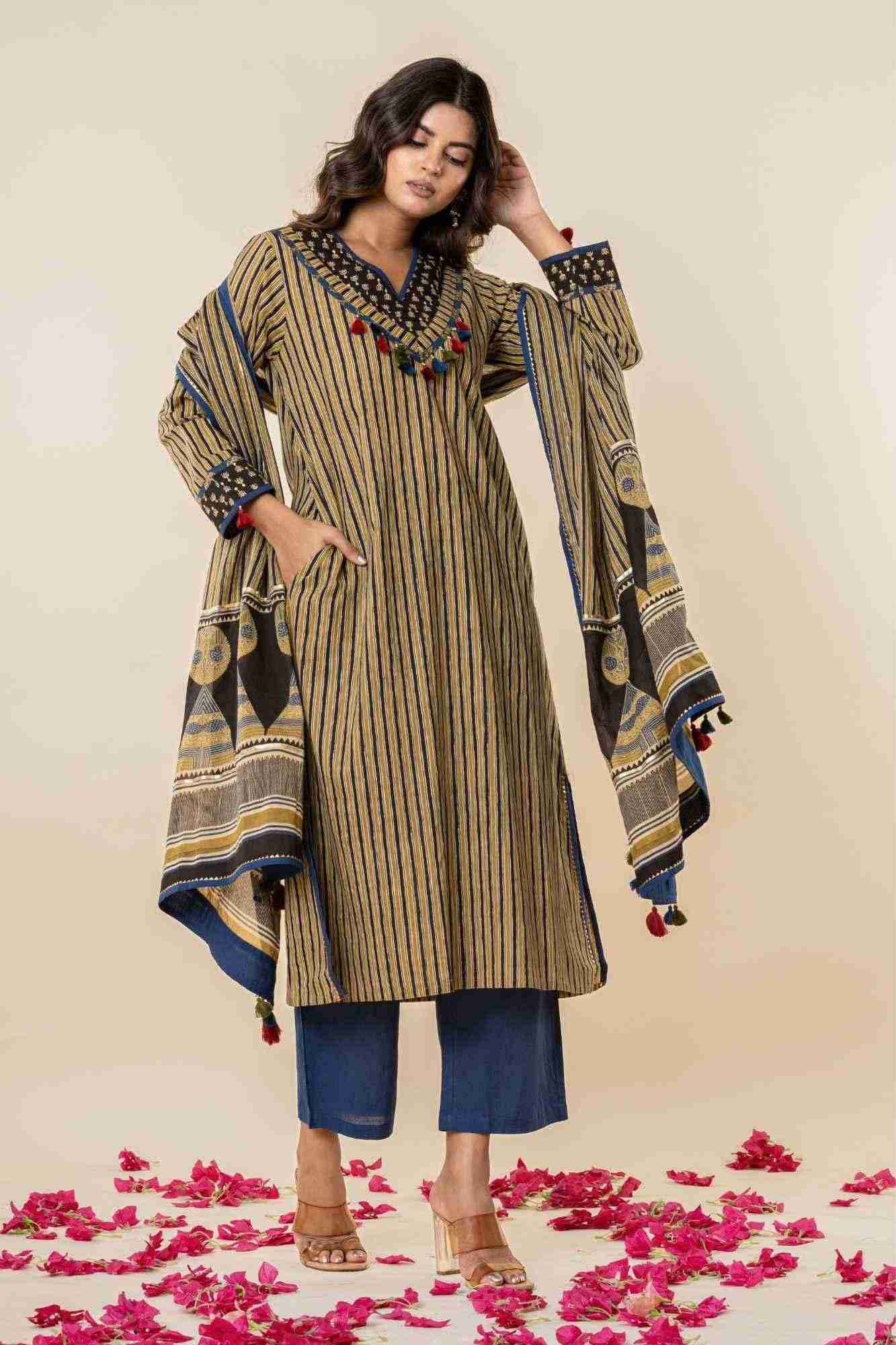 Naksh Ajrakh Printed Striped A-Line Kurti Pant Set with Dupatta (Set of 3)
