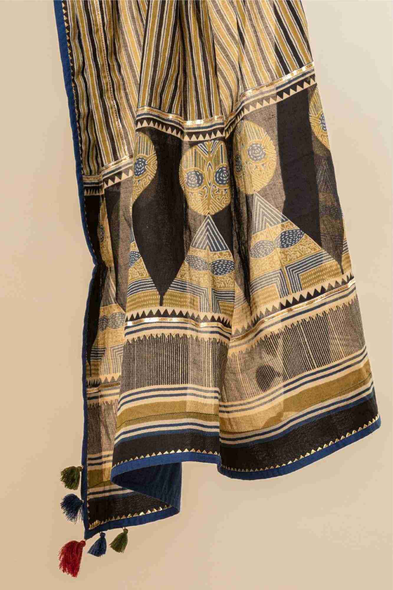 Naksh Ajrakh Printed Striped A-Line Kurti Pant Set with Dupatta (Set of 3)