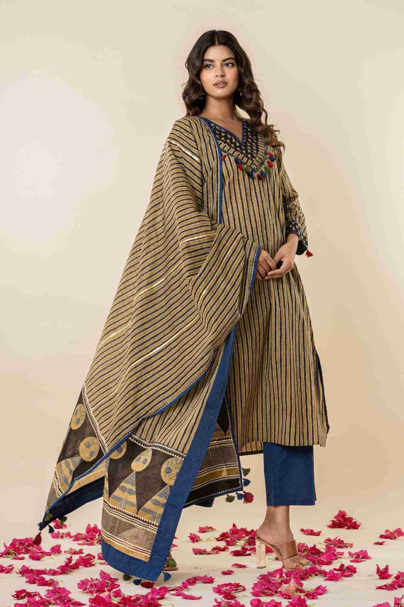 Naksh Ajrakh Printed Striped A-Line Kurti Pant Set with Dupatta (Set of 3)