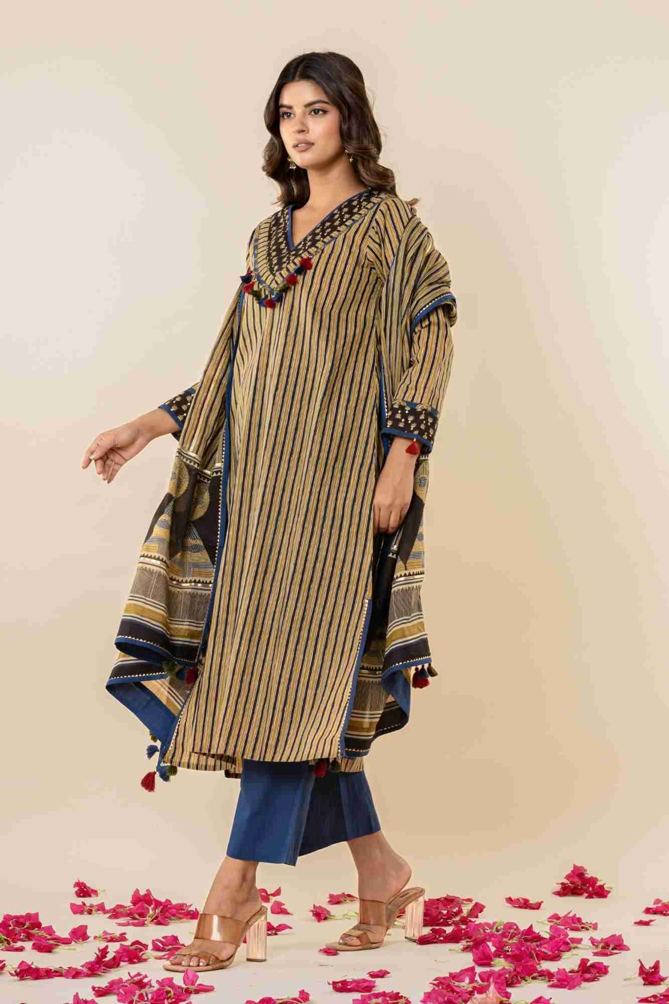 Naksh Ajrakh Printed Striped A-Line Kurti Pant Set with Dupatta (Set of 3)
