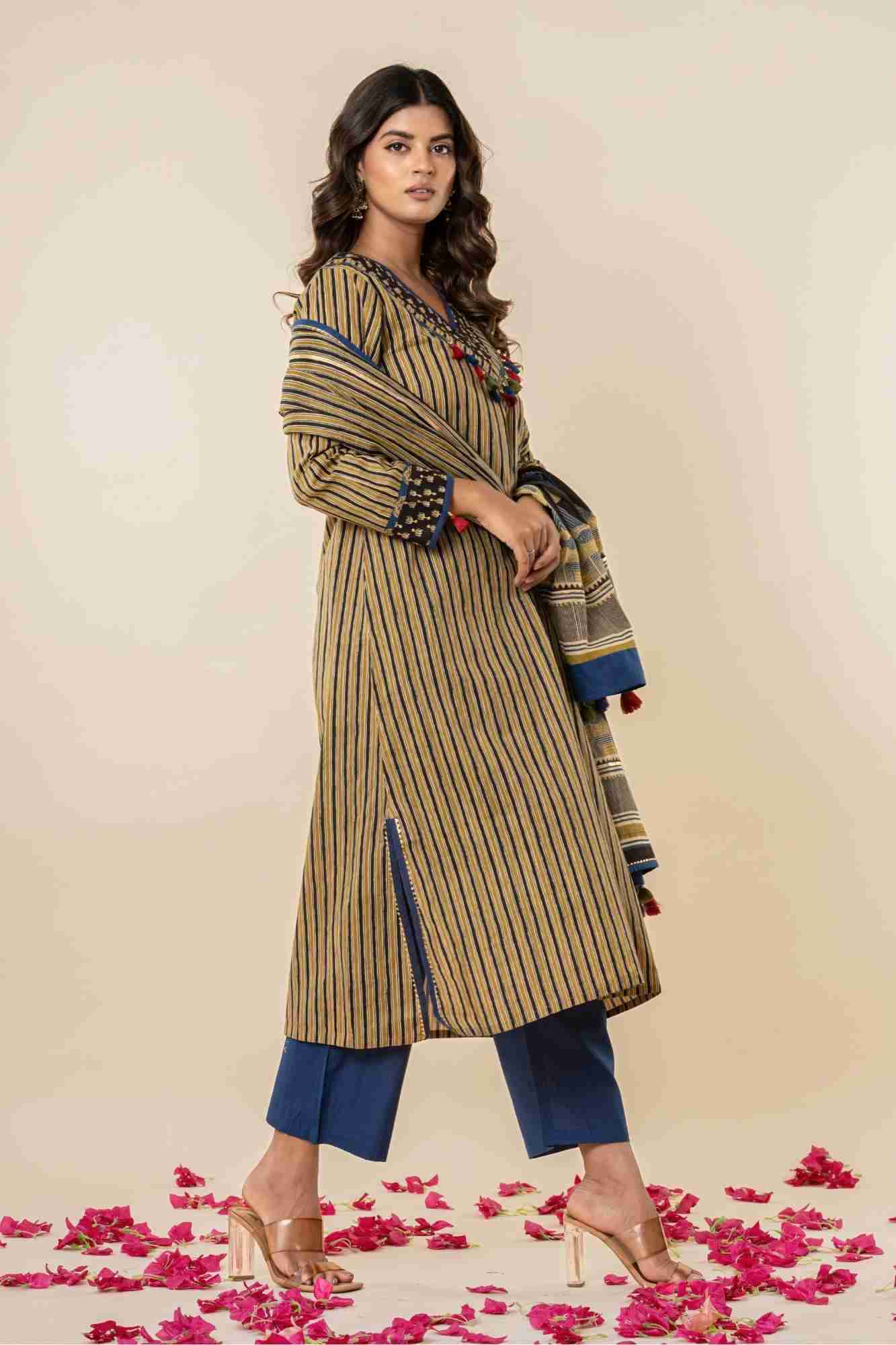 Naksh Ajrakh Printed Striped A-Line Kurti Pant Set with Dupatta (Set of 3)