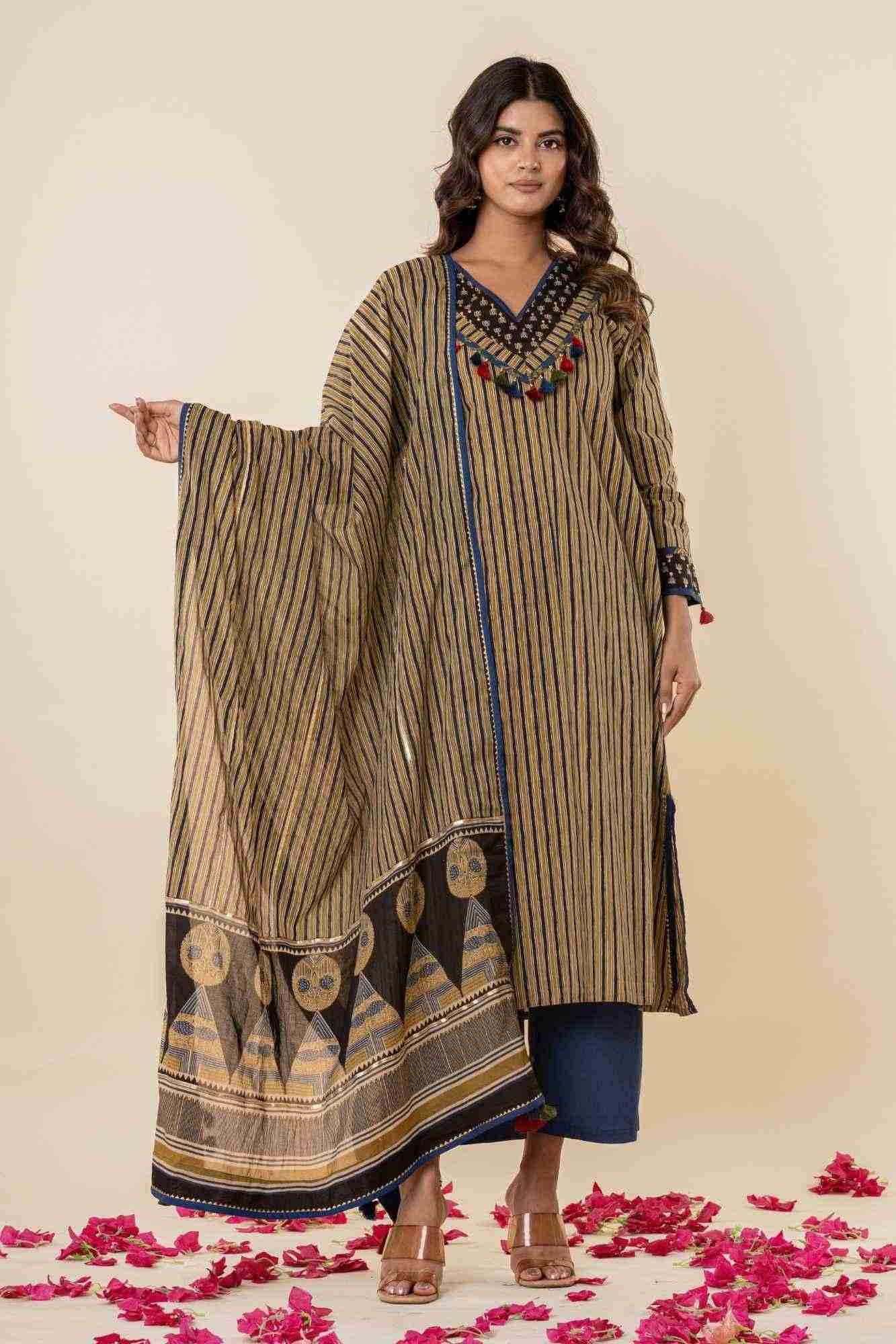 Naksh Ajrakh Printed Striped A-Line Kurti Pant Set with Dupatta (Set of 3)