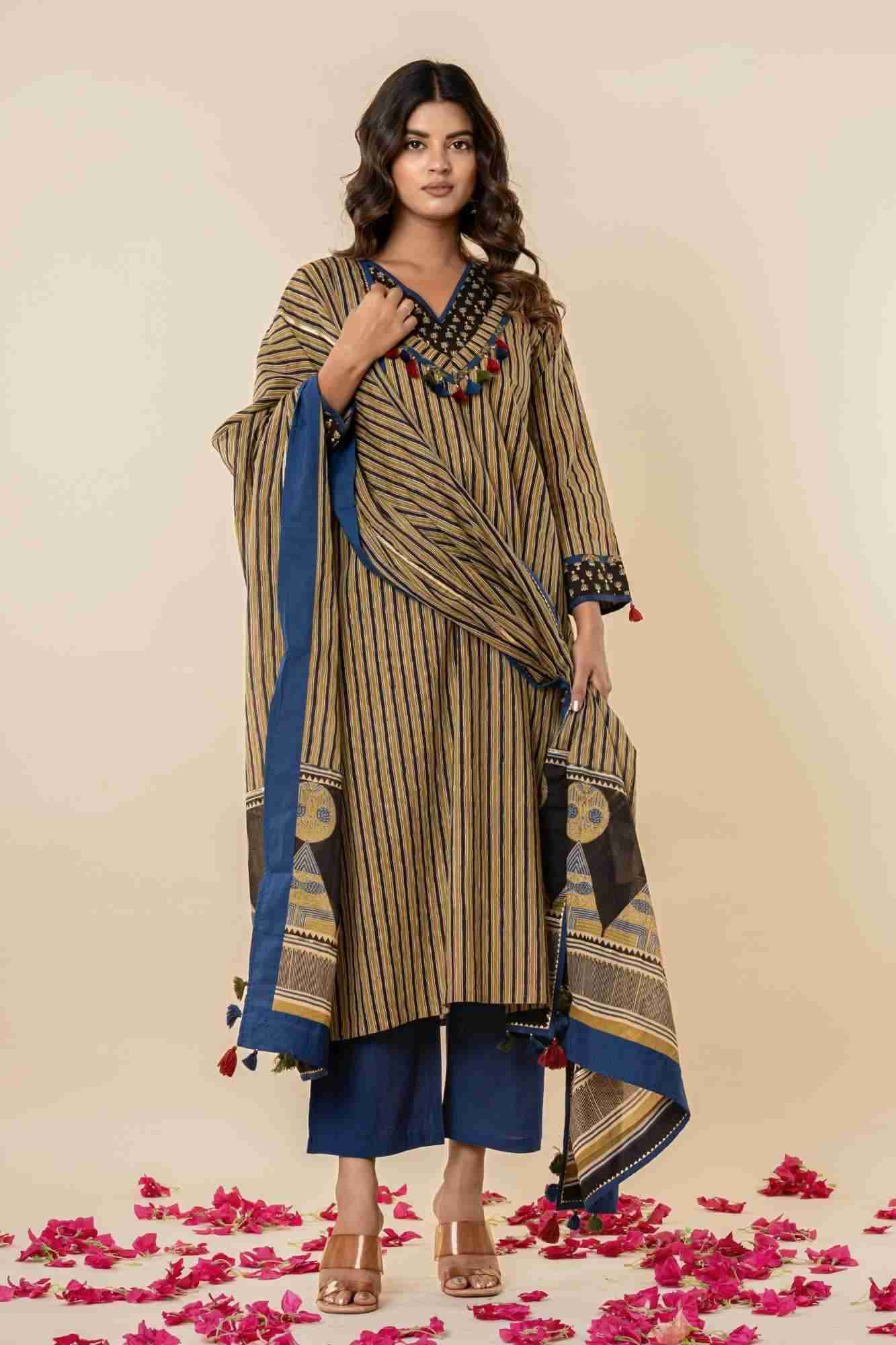 Naksh Ajrakh Printed Striped A-Line Kurti Pant Set with Dupatta (Set of 3)