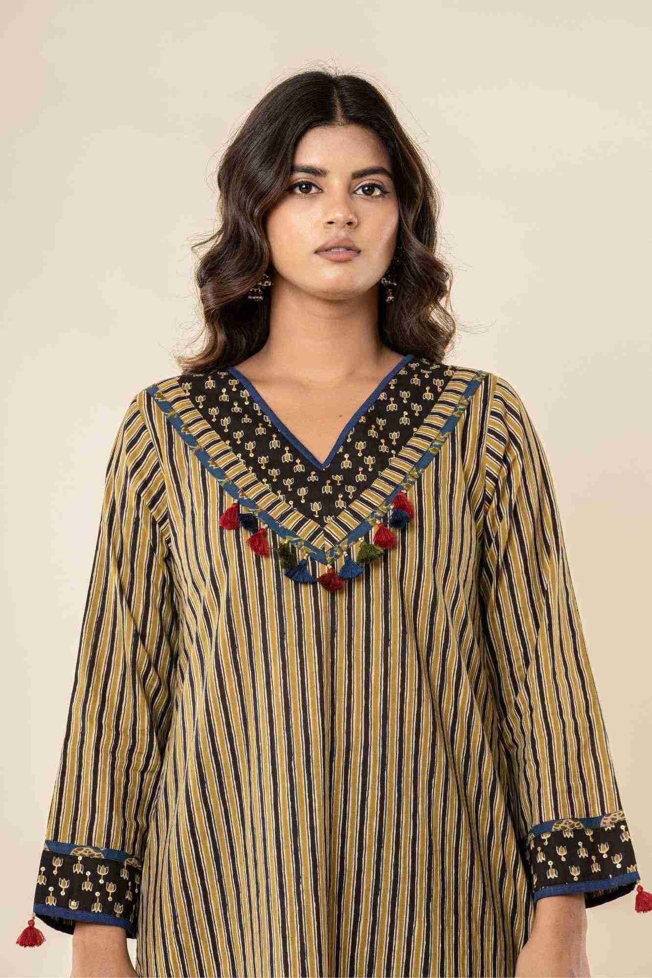 Naksh Ajrakh Printed Striped A-Line Kurti Pant Set with Dupatta (Set of 3)