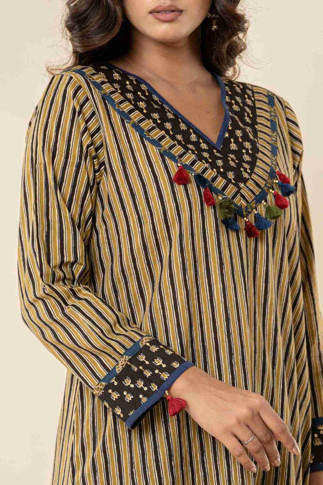 Naksh Ajrakh Printed Striped A-Line Kurti Pant Set with Dupatta (Set of 3)
