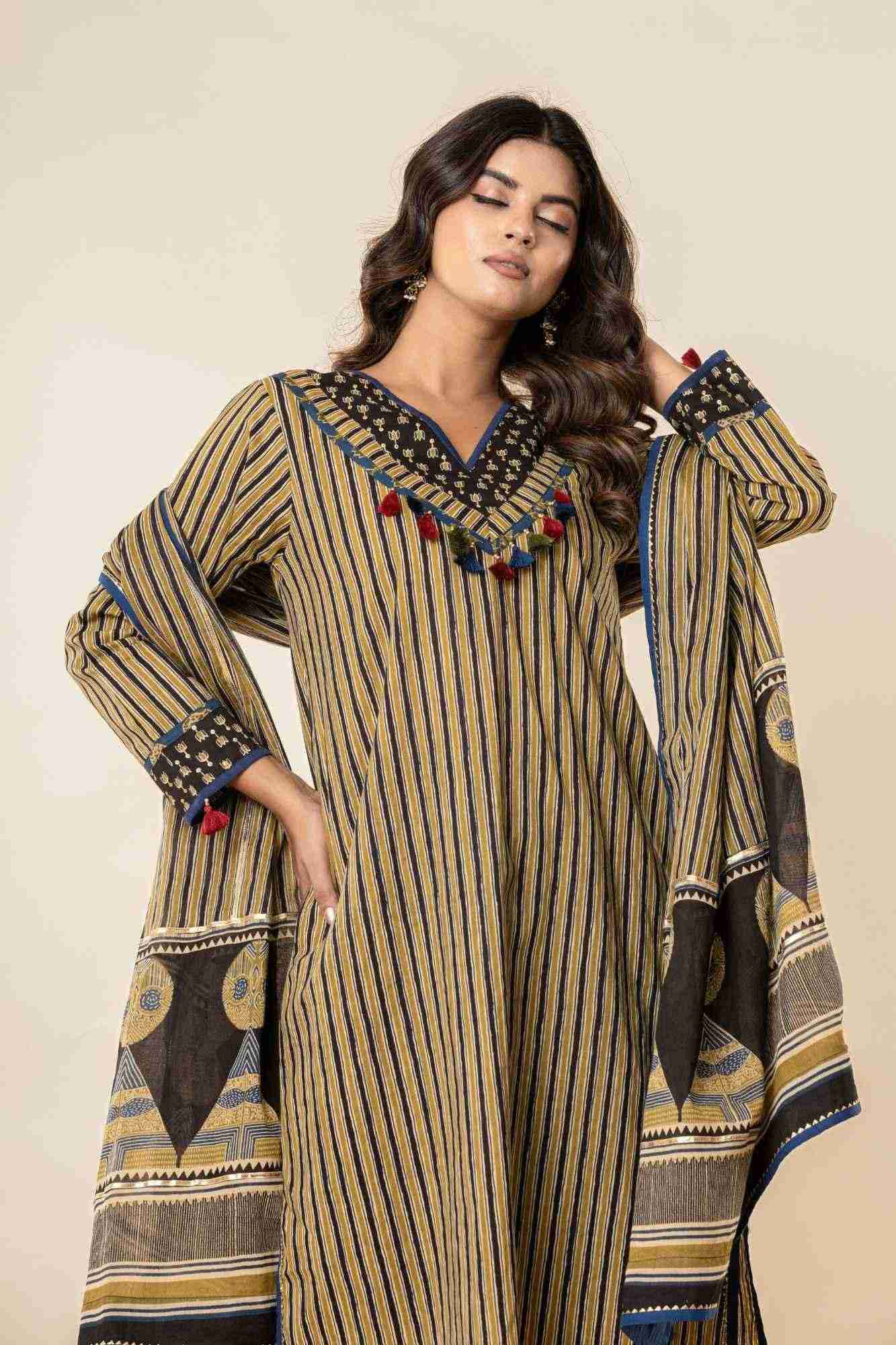 Naksh Ajrakh Printed Striped A-Line Kurti Pant Set with Dupatta (Set of 3)