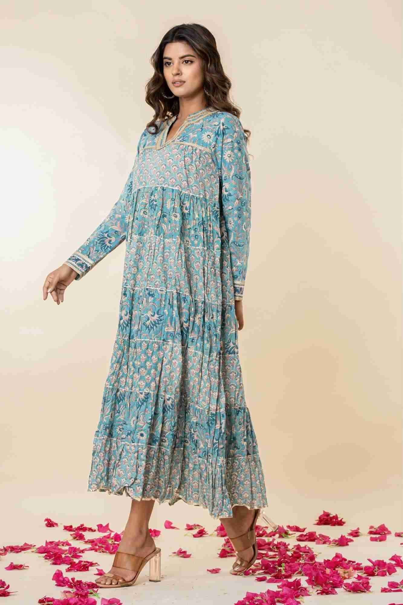 Blue Block Print Tiered Dress