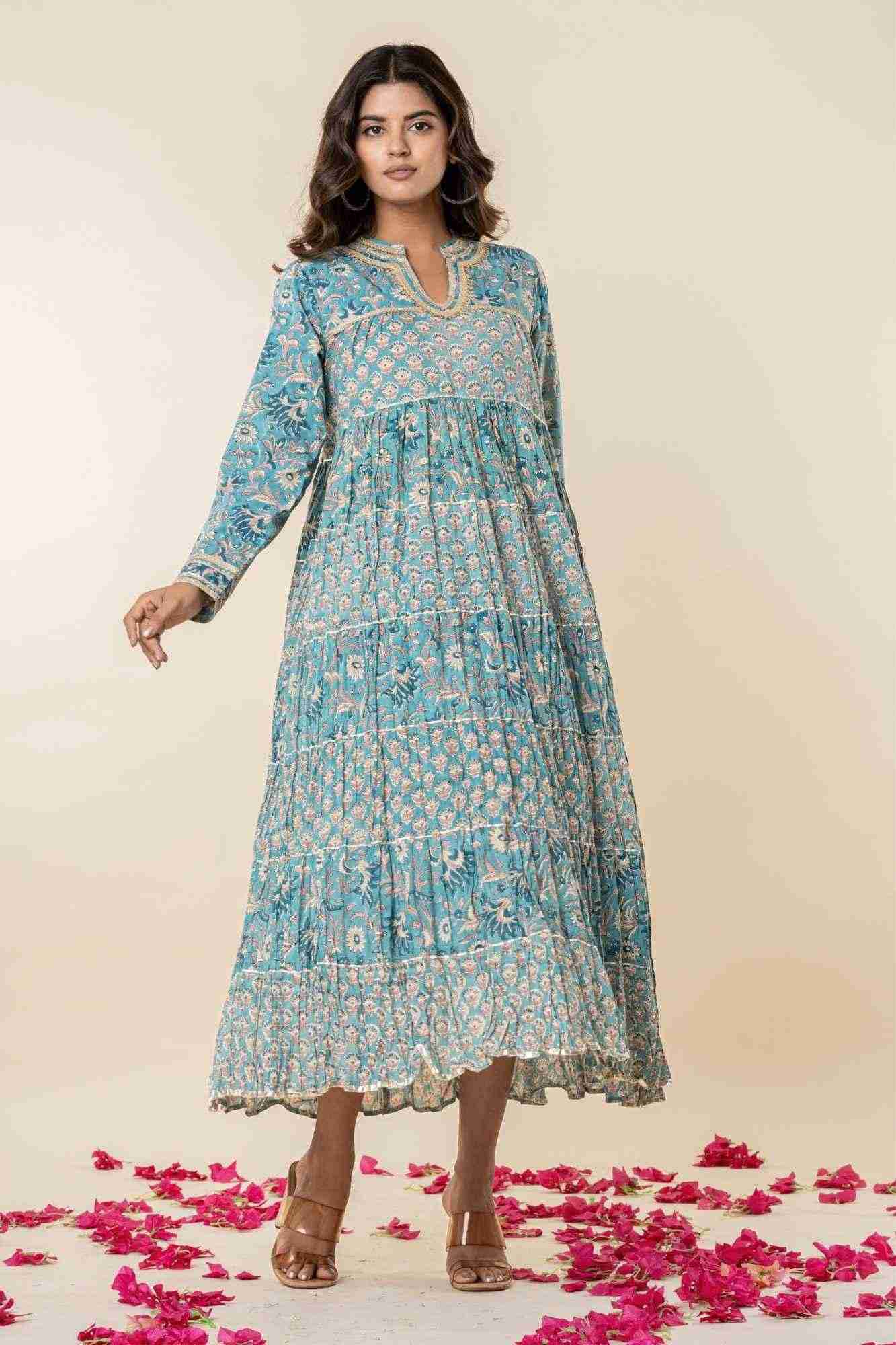 Blue Block Print Tiered Dress