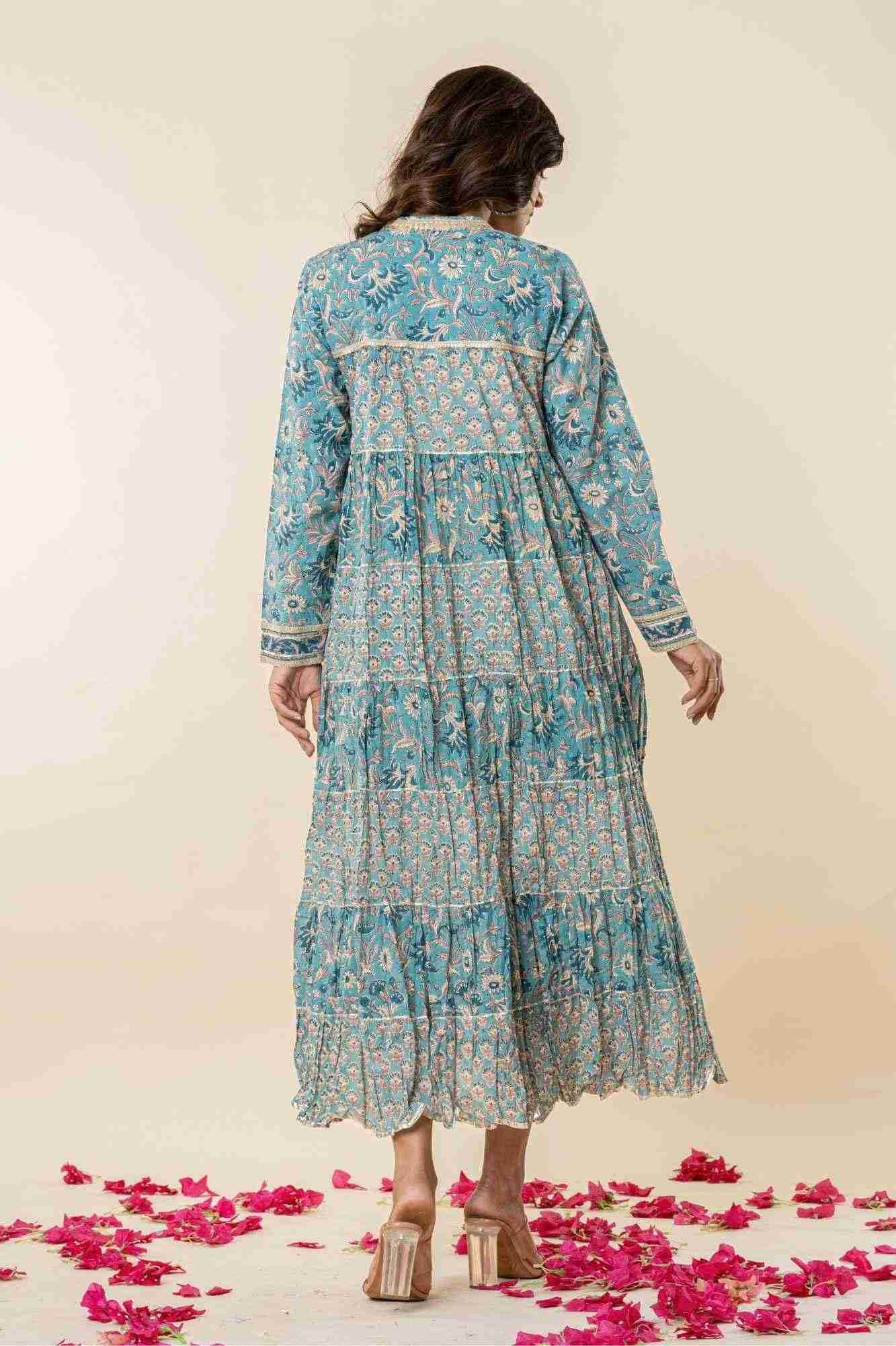 Blue Block Print Tiered Dress