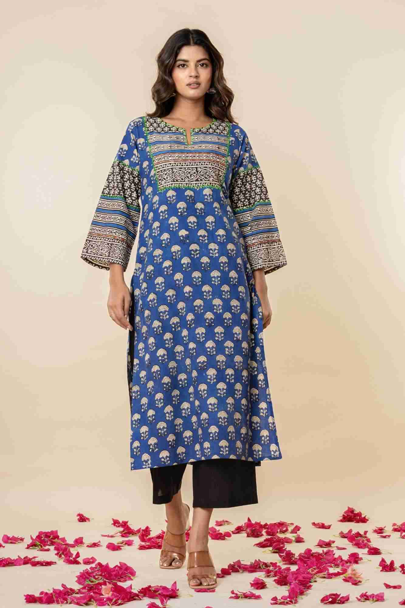 Blue Sanganeri Print Straight Cotton Kurta