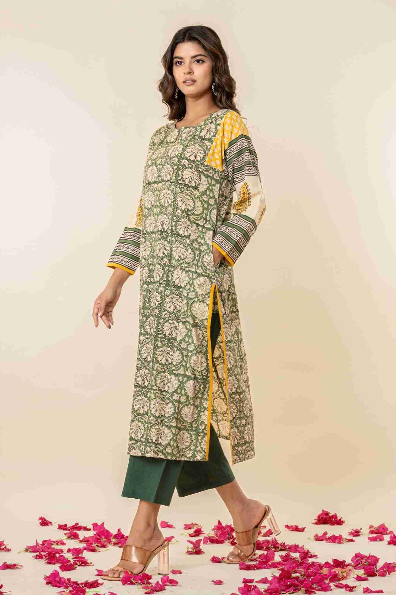 Green & Yellow Bagru Print Cotton Kurta Pants Set