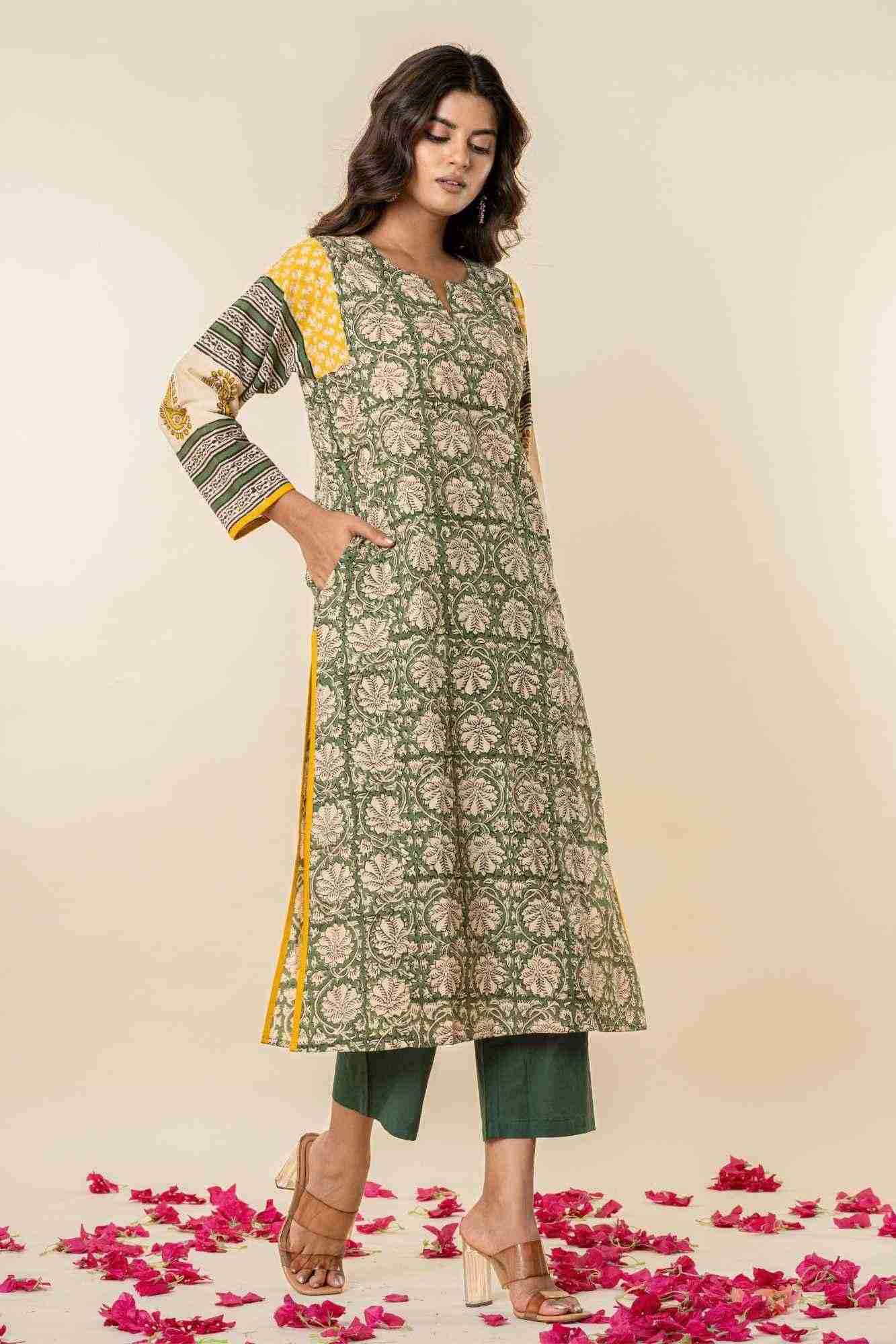 Green & Yellow Bagru Print Cotton Kurta Pants Set
