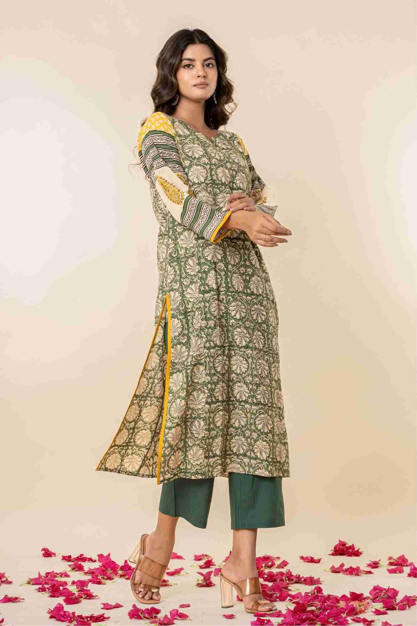 Green & Yellow Bagru Print Cotton Kurta Pants Set