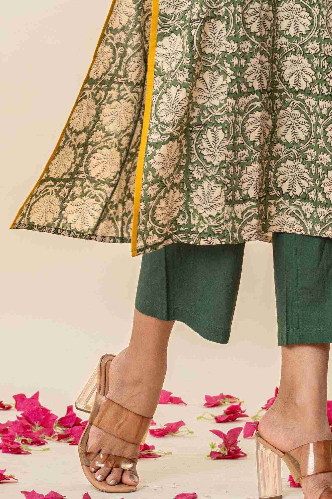 Green & Yellow Bagru Print Cotton Kurta Pants Set