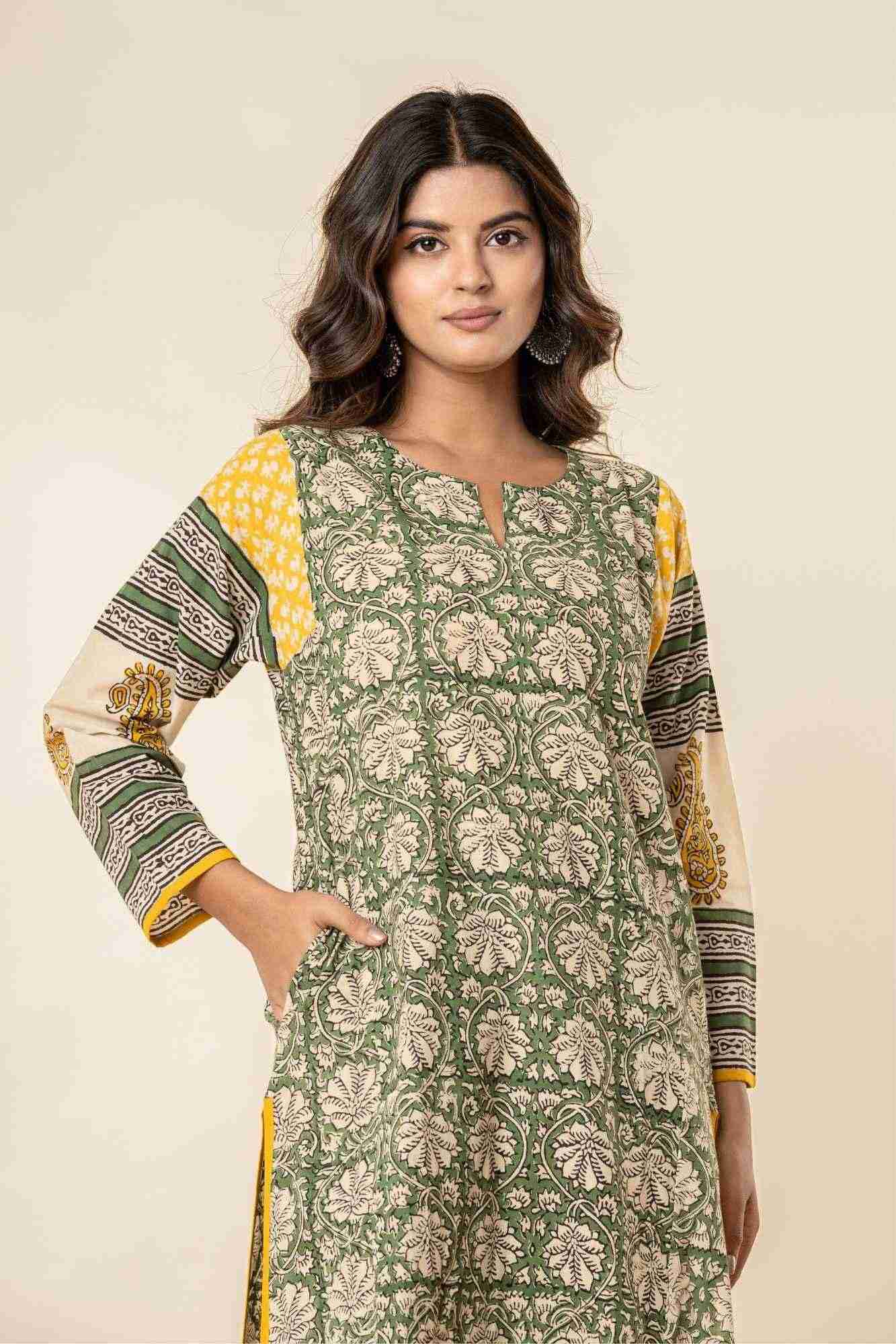 Green & Yellow Bagru Print Cotton Kurta Pants Set