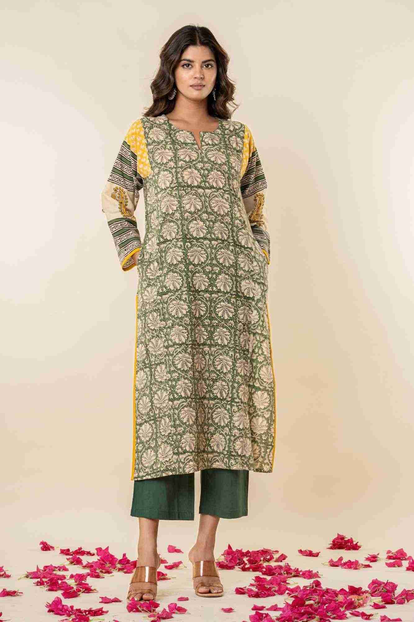 Green & Yellow Bagru Print Cotton Kurta Pants Set