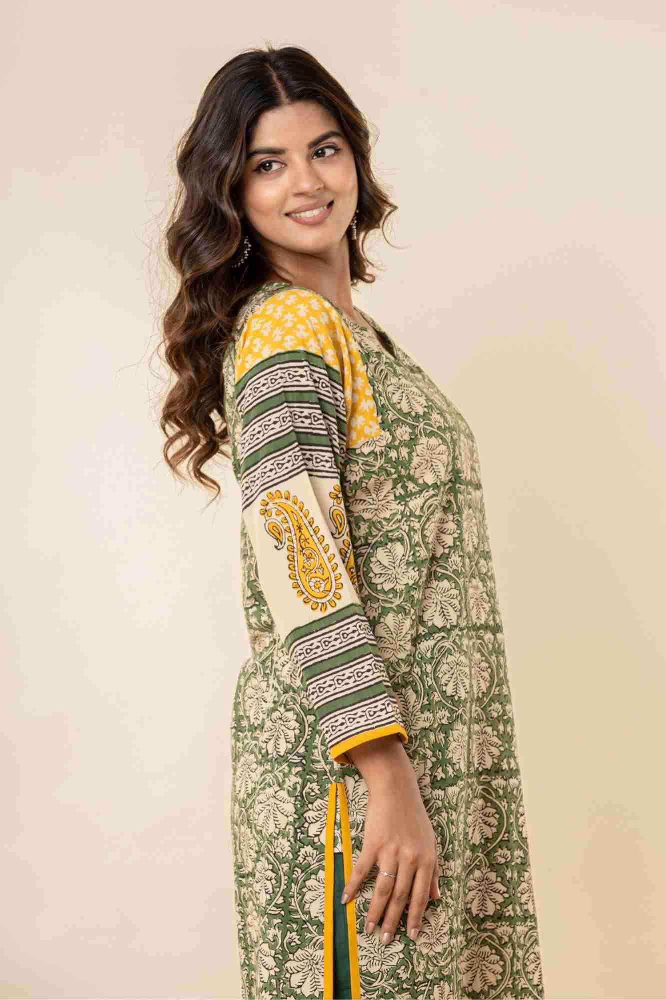 Green & Yellow Bagru Print Cotton Kurta Pants Set