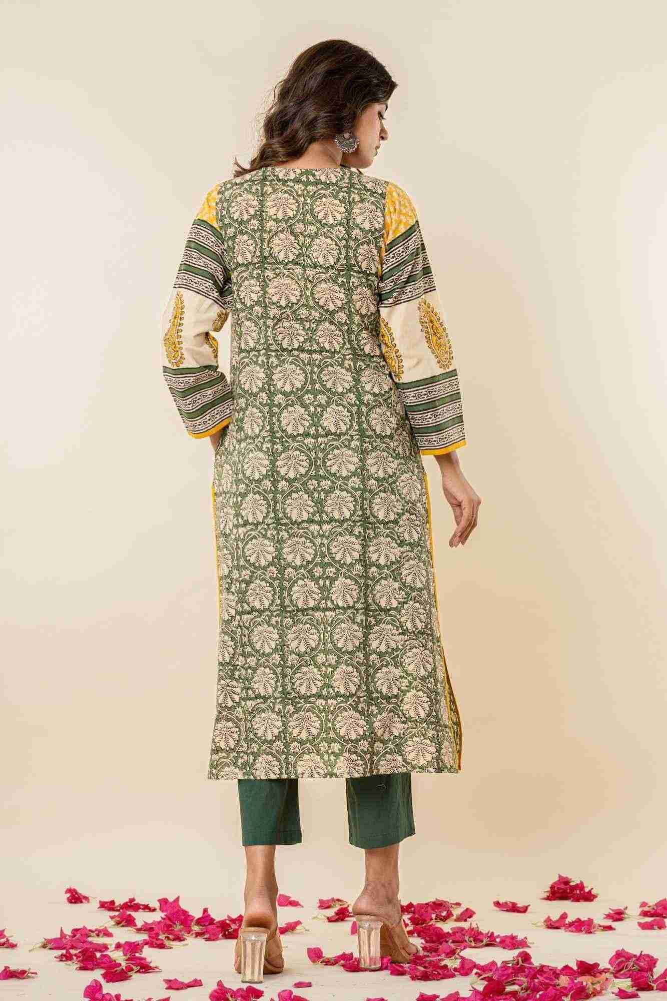 Green & Yellow Bagru Print Cotton Kurta Pants Set
