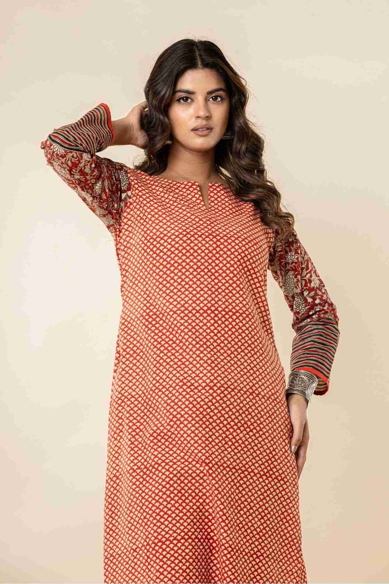 Rust Cotton Straight Kurta Set with Patchwork Sleeves